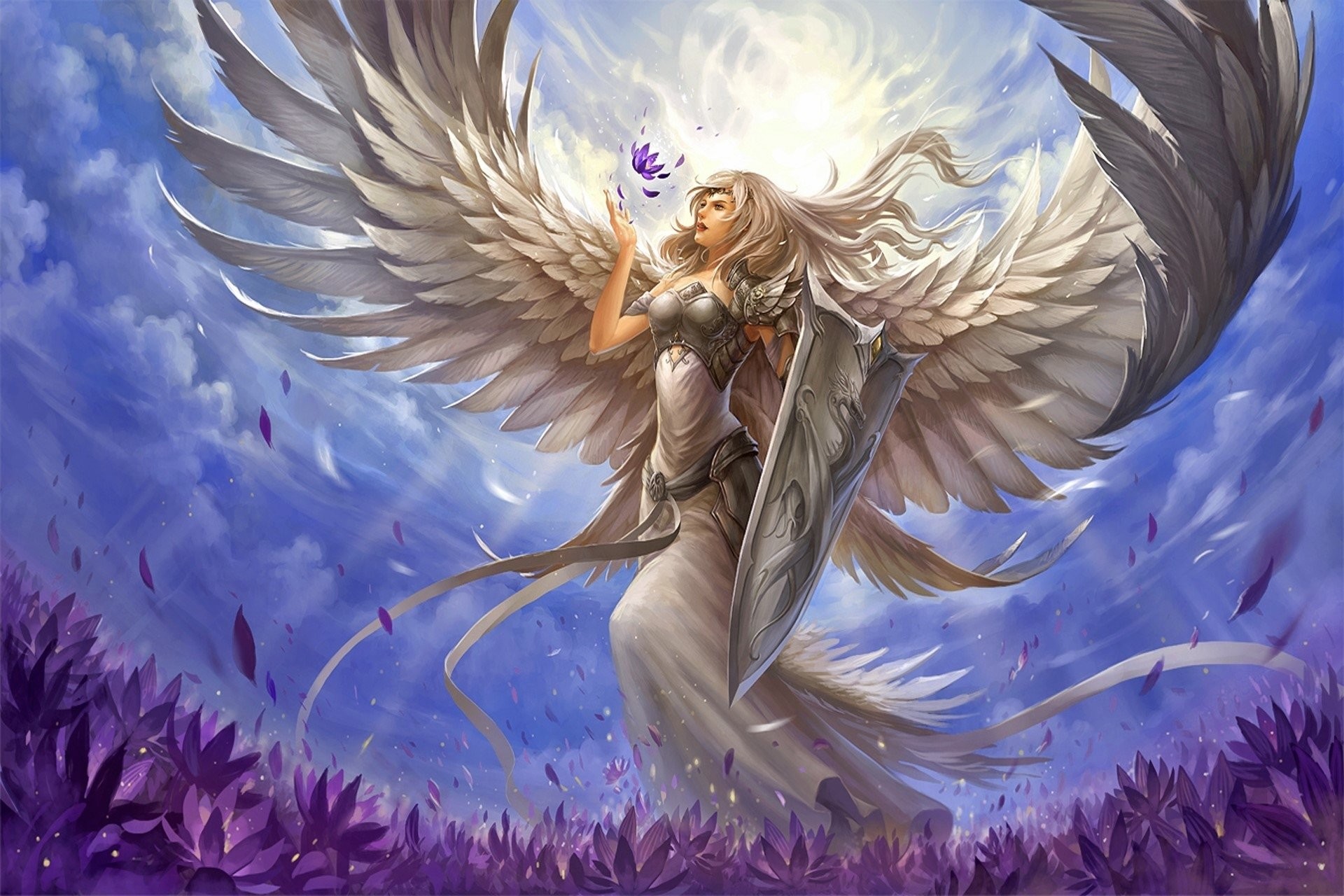 1920x1280 Fantasy - Angel Warrior Purple Flower Angel Girl Woman Fantasy Wings Long  Hair Flower White Hair