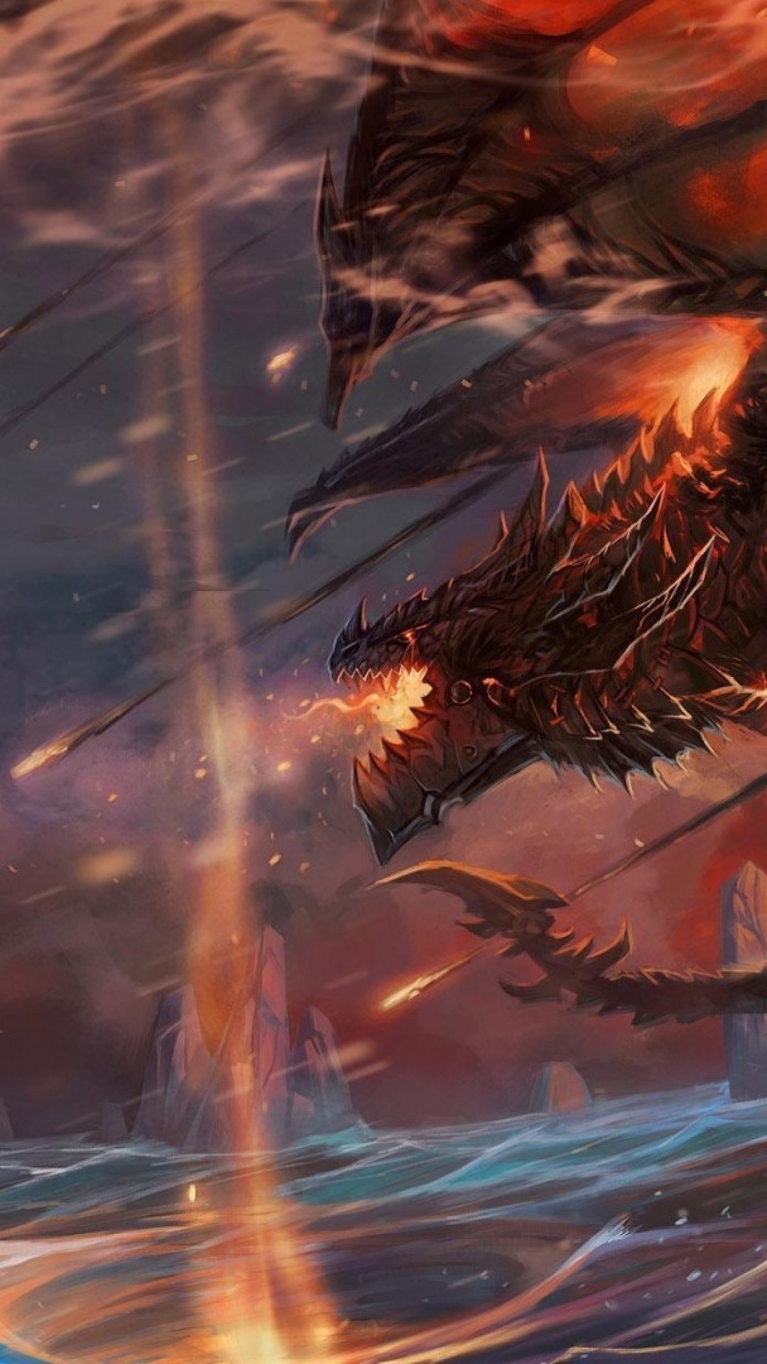 1080x1920 World Of Warcraft, Dragon, Lightning, Ocean, Flame, Artwork