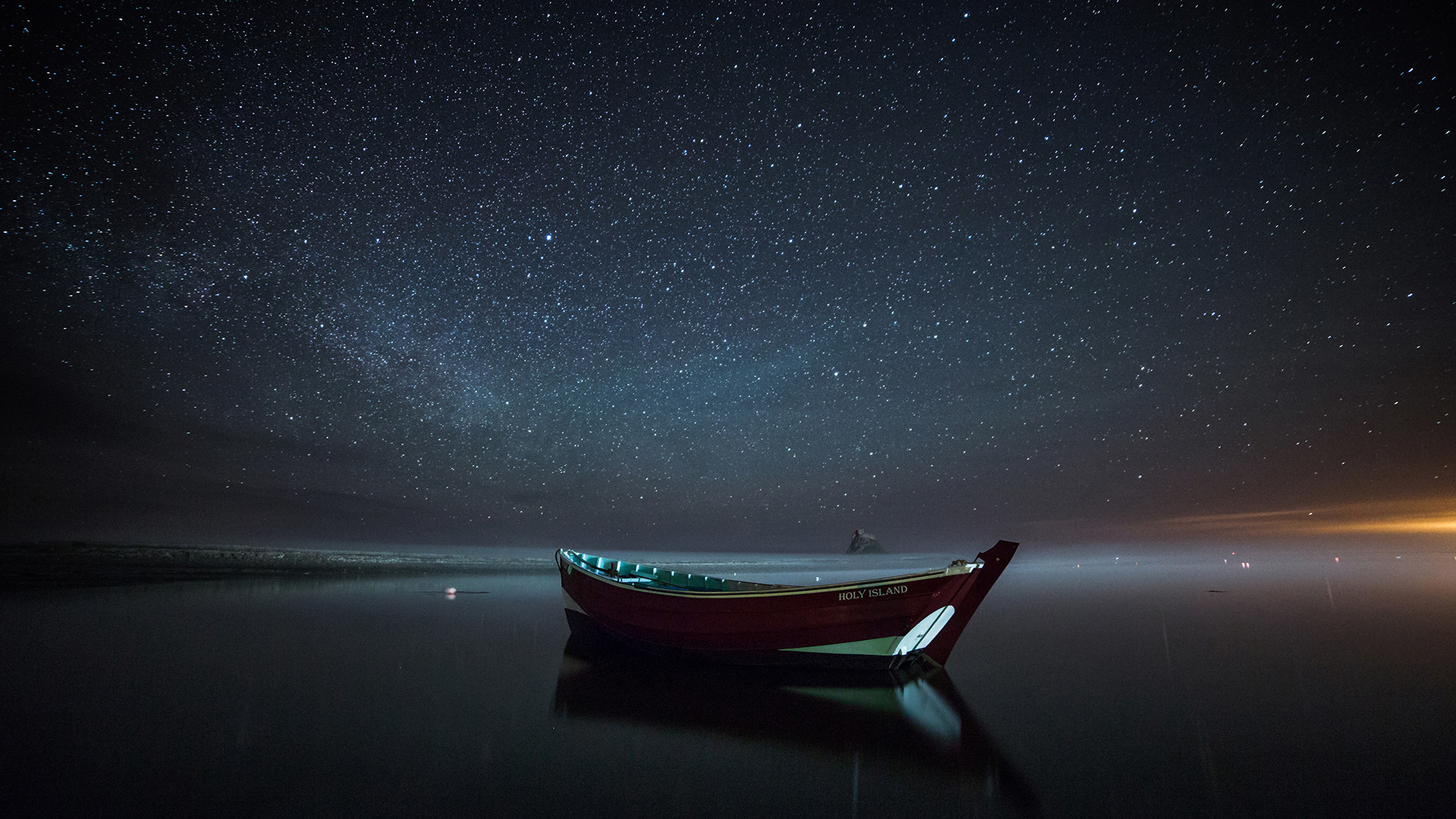 1920x1080 Desktop background boat lake night reflection stars