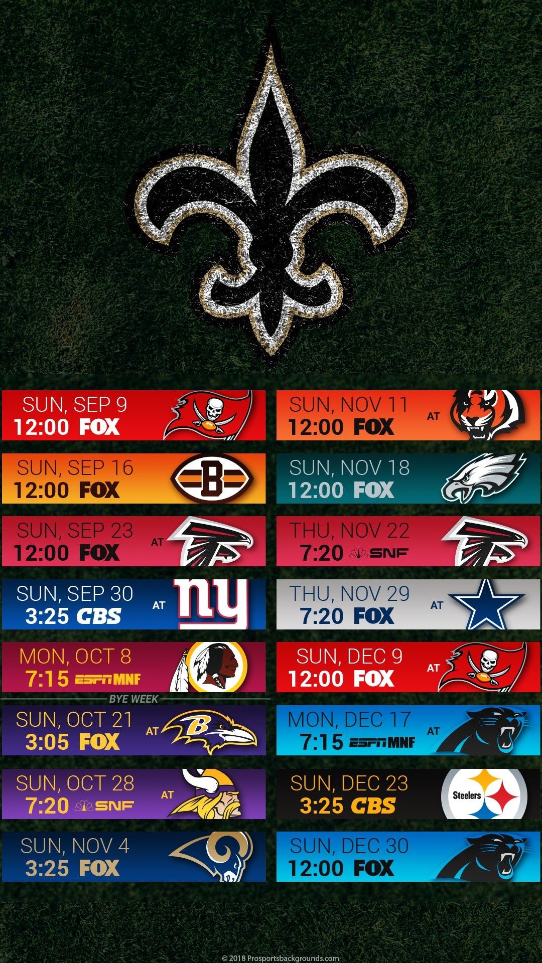 1080x1920 2018 New Orleans Saints I-Phone & Android Wallpaper Schedule. #Whodat