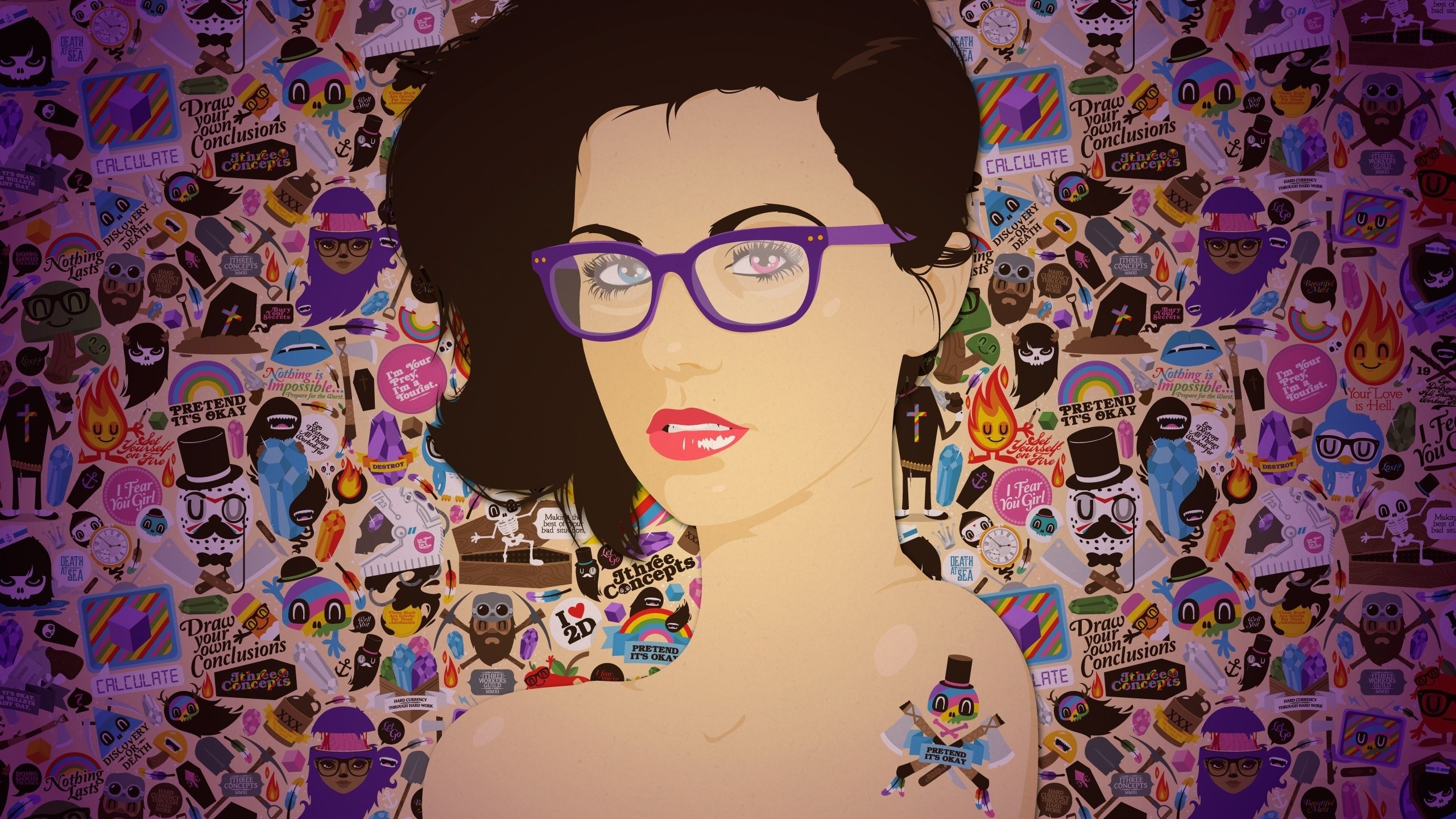 2560x1440  Wallpaper girl, glasses, face, makeup, background, colorful