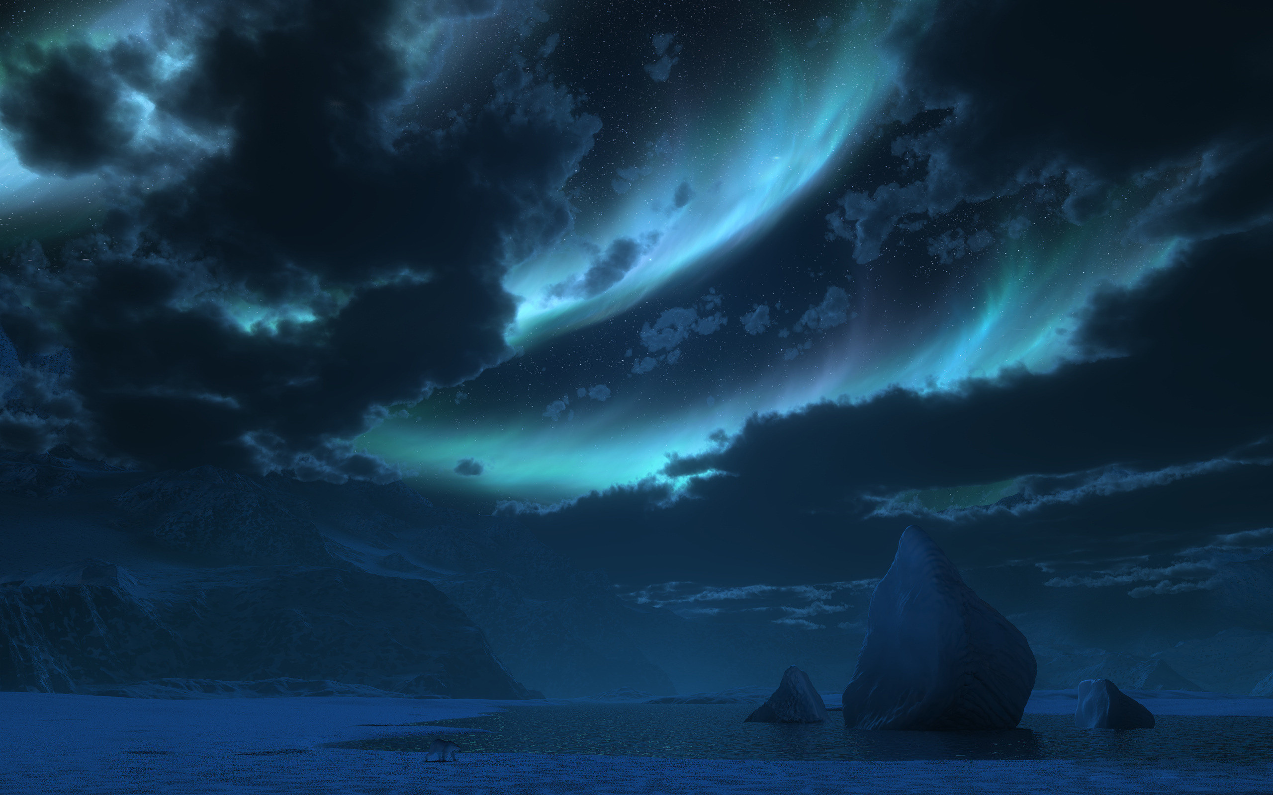 2560x1600 bear, north, glacier, iceberg, night, stars, sky