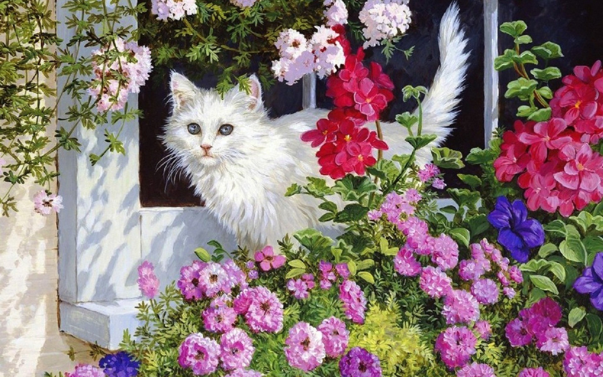 1920x1200 White Kitty & Pink Flowers wallpapers and stock photos