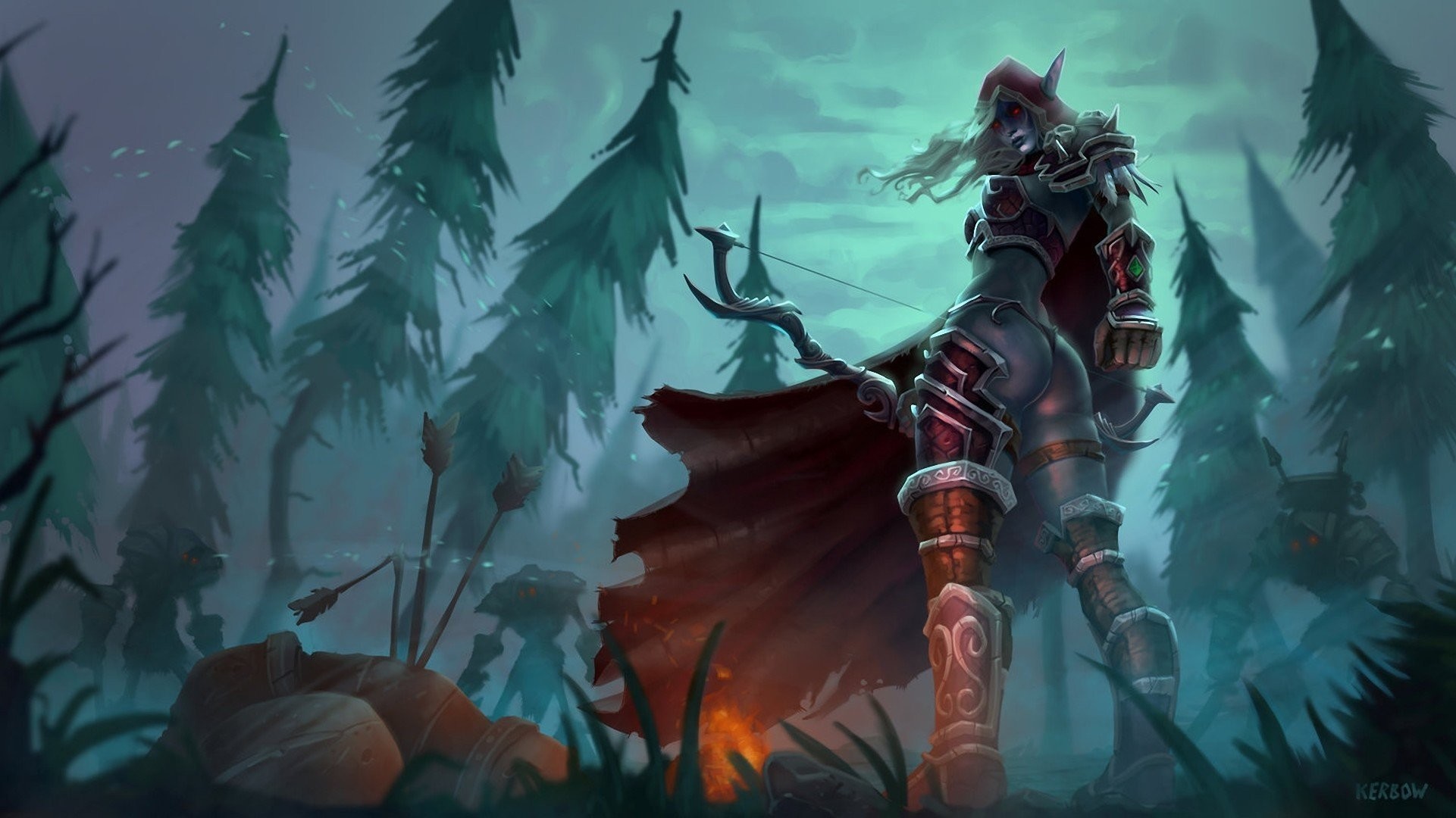 1921x1080 art night girl elf murder torment boom forest fire monsters