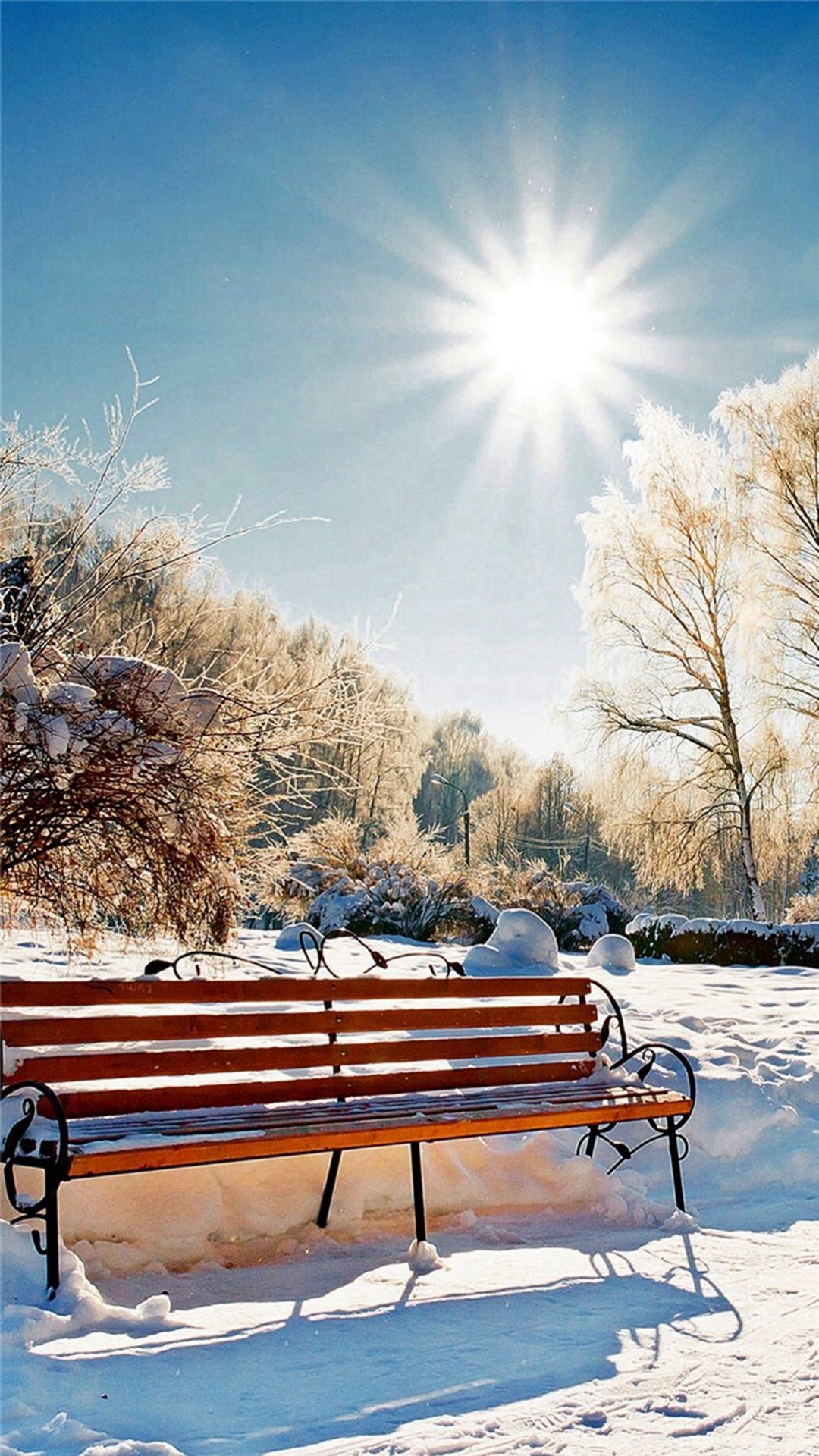 1080x1920 Winter Snowy Sunshine Bright Bench Park iPhone 8 wallpaper