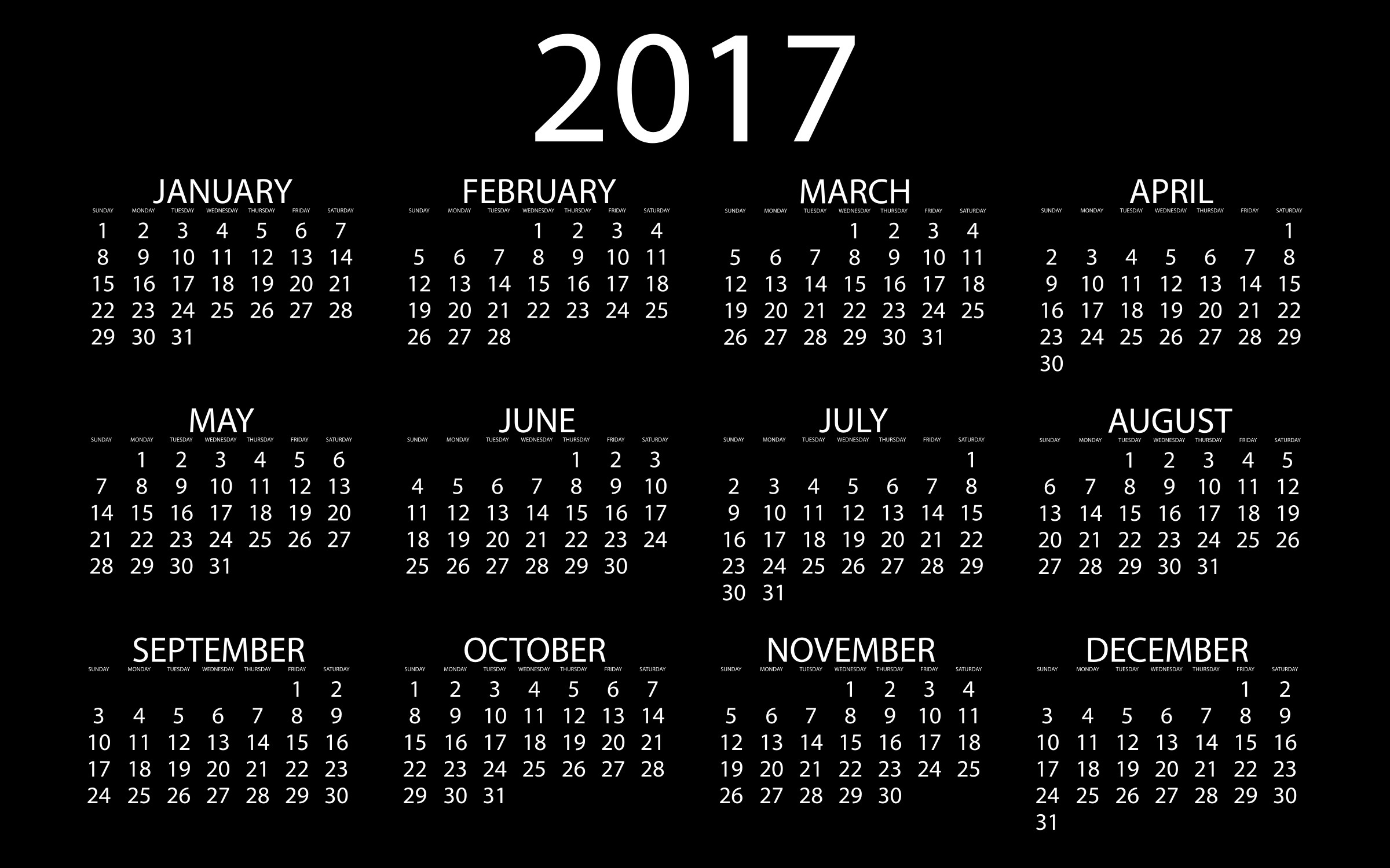 2400x1500 2017 Calendar Inverse With Black Background