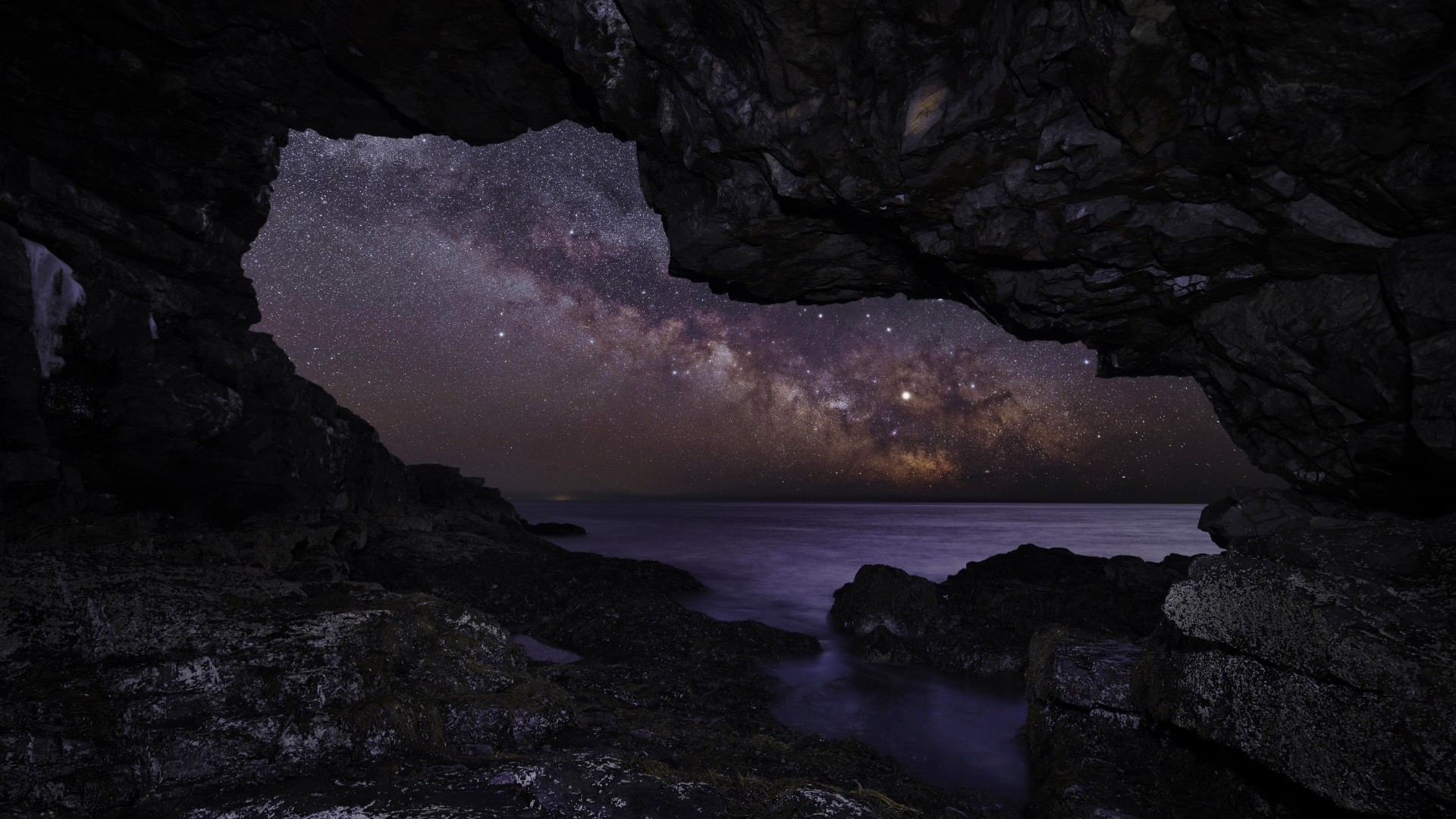 1920x1080 Earth - Cave Earth Stars Ocean Sea Sky Night Horizon Milky Way Starry Sky  Wallpaper