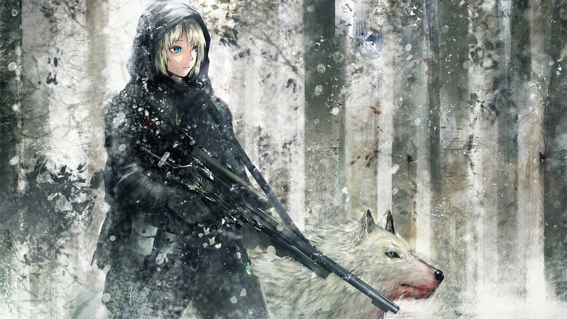 1920x1080 Sniper Anime Girl with Wolves Wallpapers