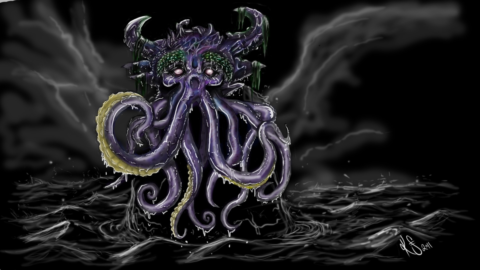 1920x1080 1 fantasy art dark monster creature octopus ocean sea storm sky clouds  waves cthulhu wallpaper |