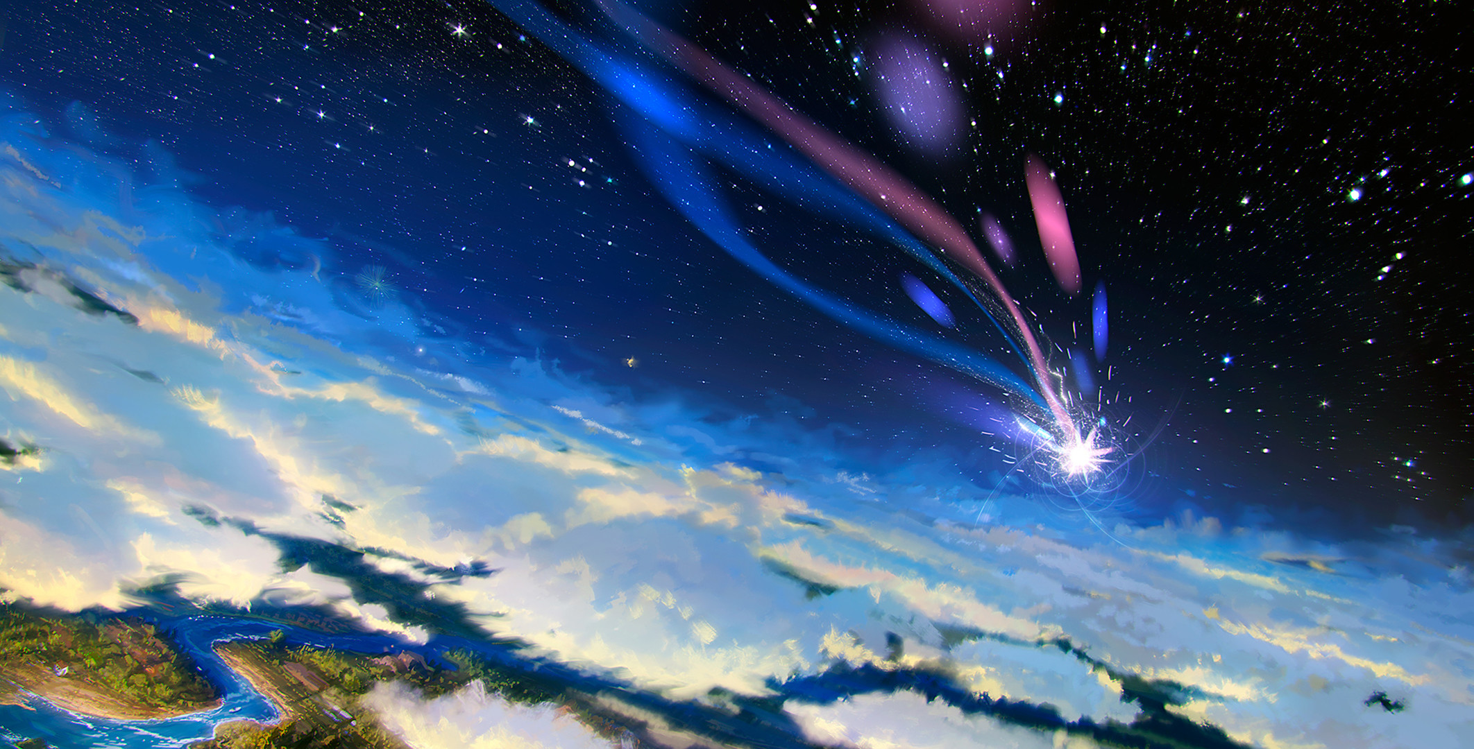 2124x1080 Movie - Howl's Moving Castle Sky Stars Cloud Landscape Shooting Star  Wallpaper