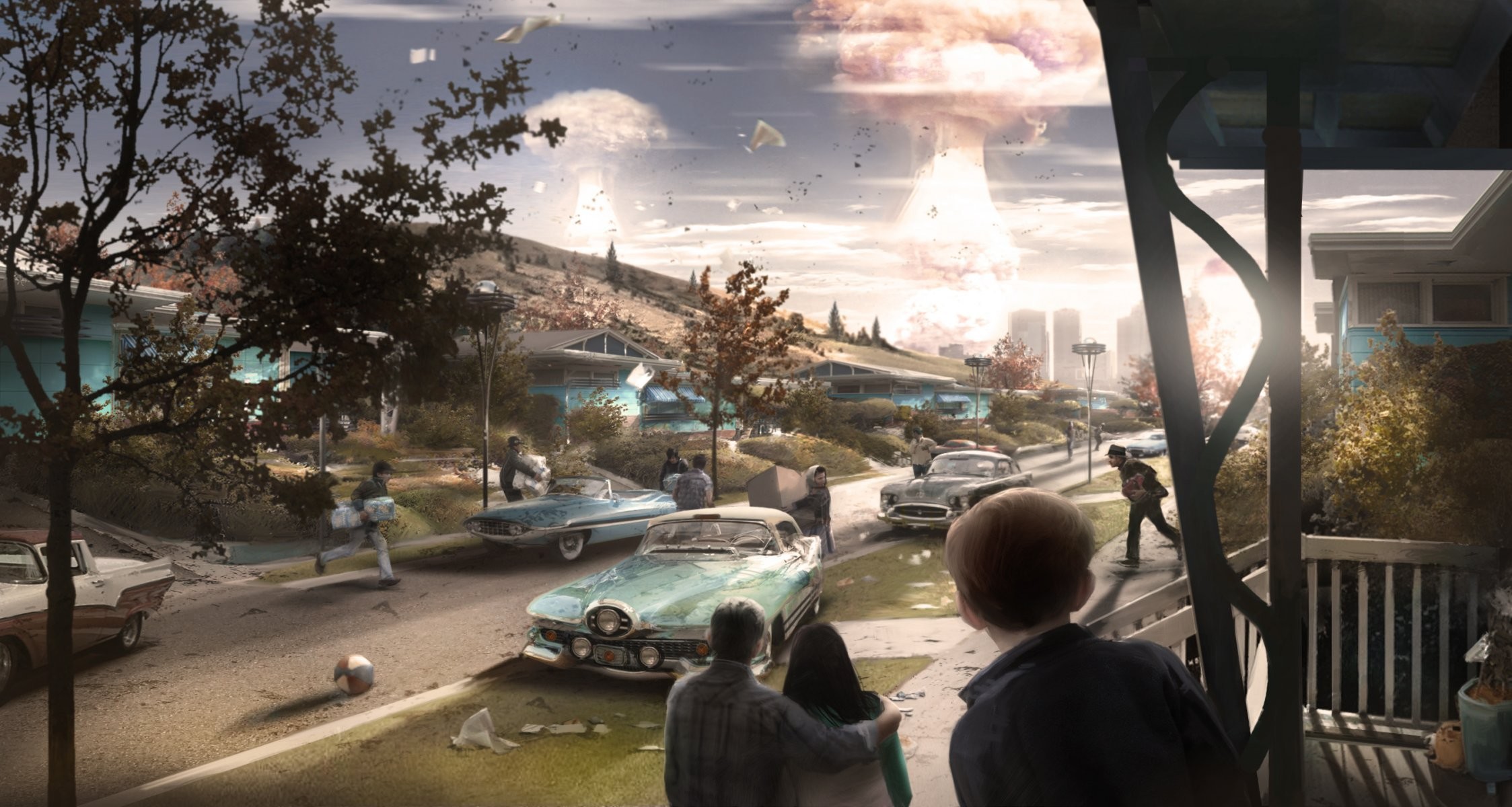 2247x1200 nuclear explosion explosion town street house machinery people panic  fallout 4 concept fallout concept art bethesda