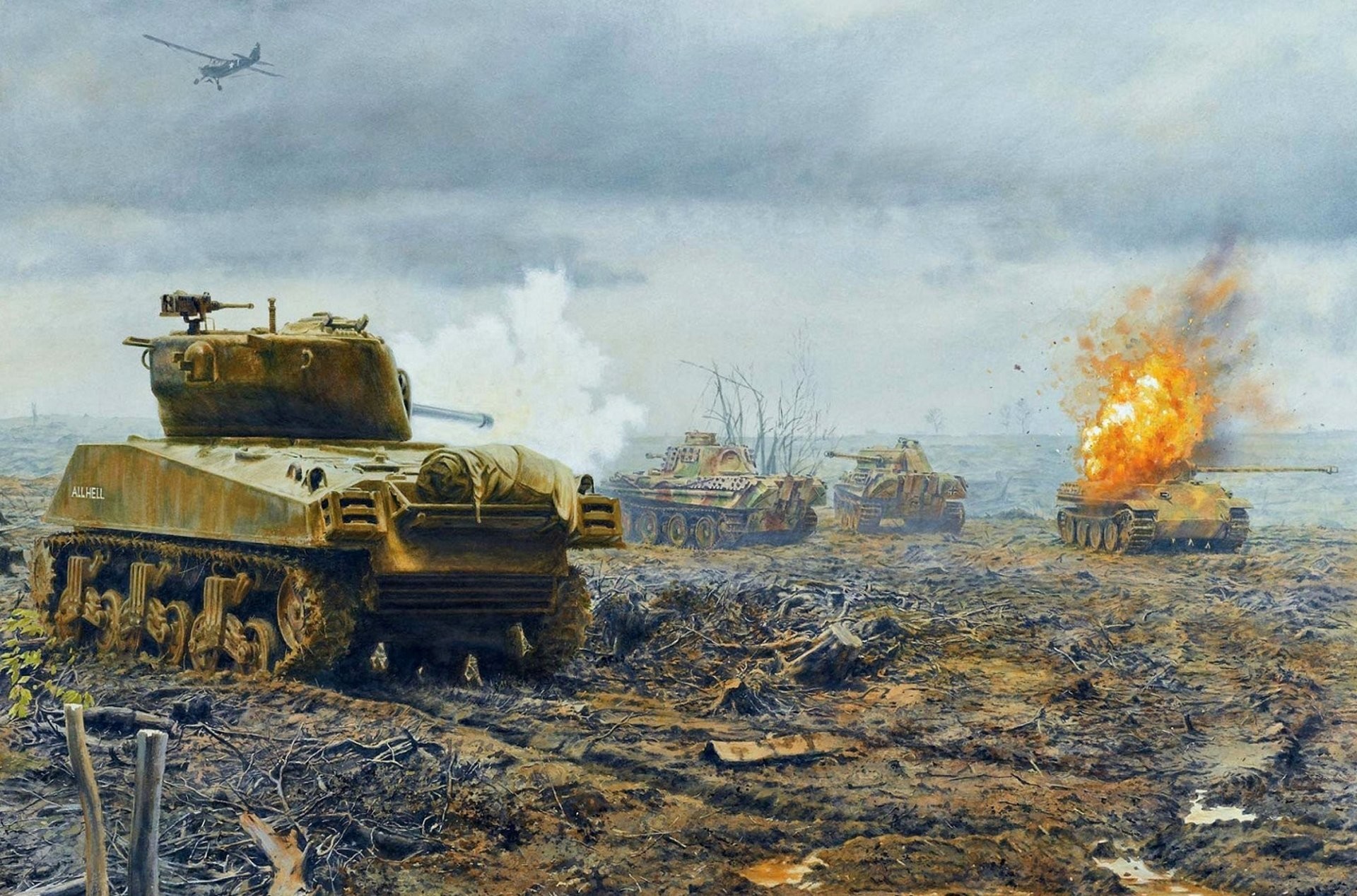 1920x1268 france 1944 year the field fight tanks sherman panthers fire flame sky  plane ww2 picture