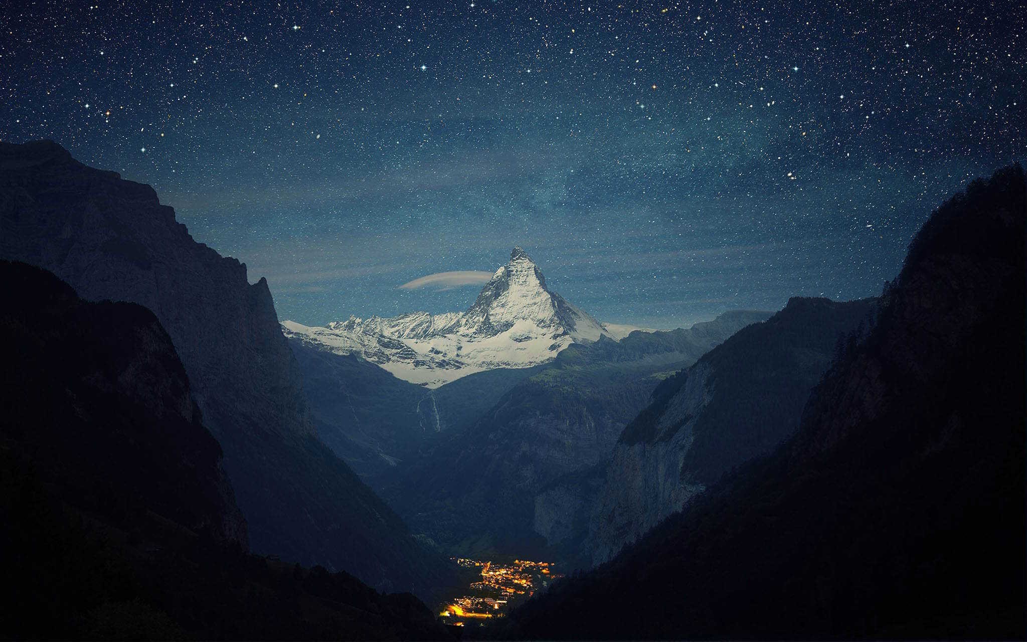 2048x1280 #stars, #nature, #Matterhorn, #blue, #white, #mountains, #yellow, wallpaper