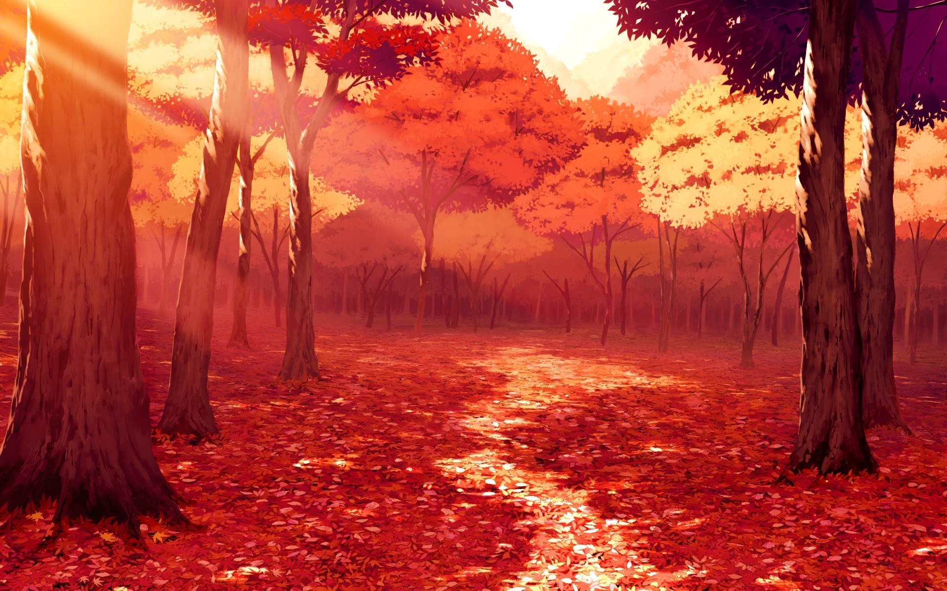 1920x1200 drawing, Artwork, Fall, Leaves, Sunlight, Forest, Red, Anime Wallpapers HD  / Desktop and Mobile Backgrounds