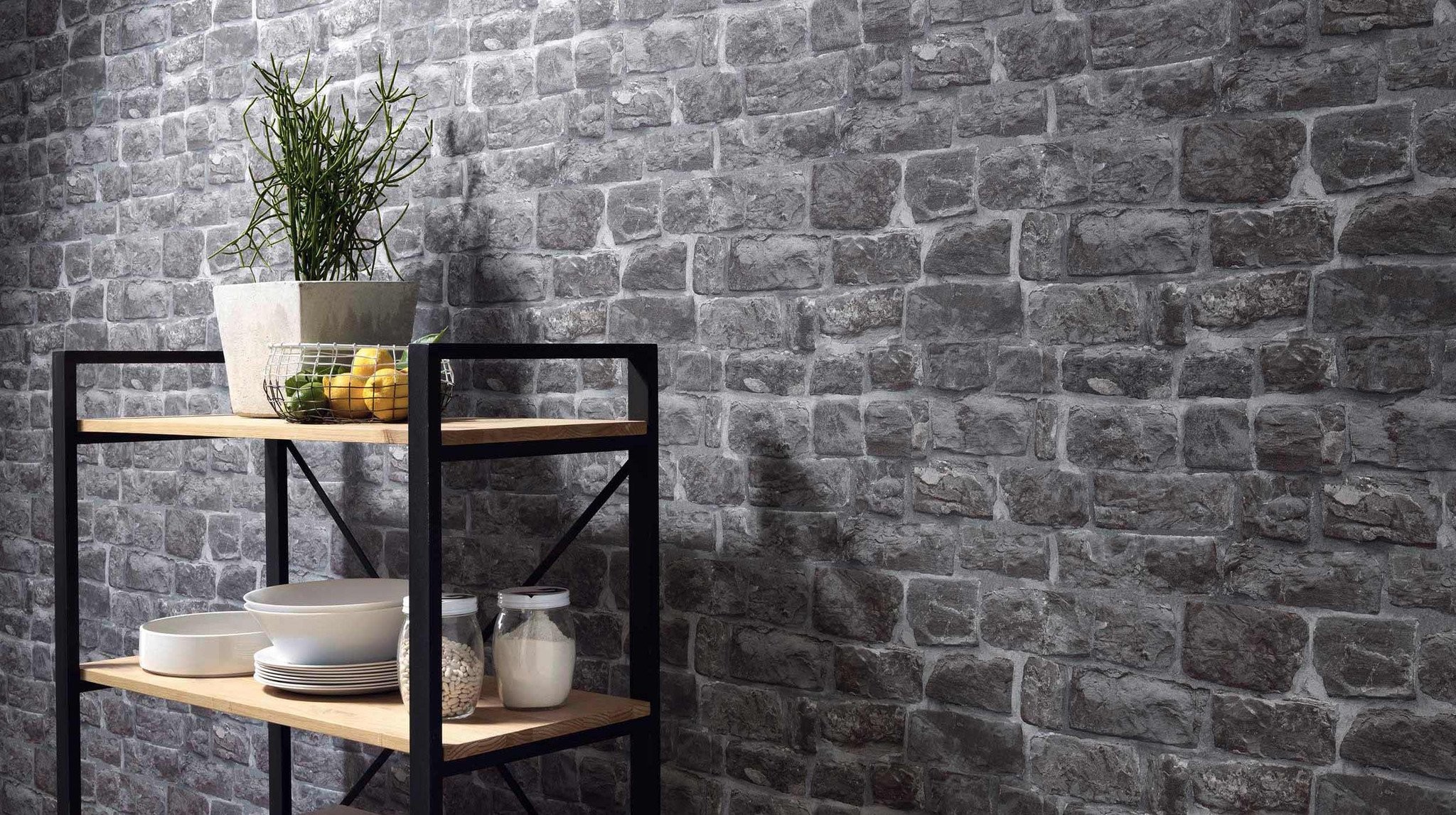 2048x1147 Briana Faux Brick Wallpaper in Grey and Black design by BD Wall