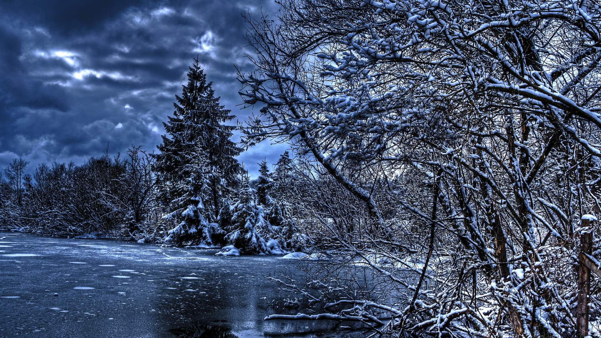 1920x1080 Preview wallpaper winter, trees, river, lake, snow, ice, hdr 