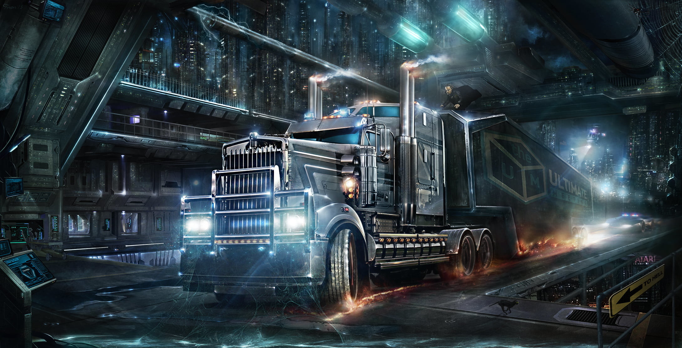 2178x1113 gray freight truck digital wallpaper, cyberpunk, trucks, Kenworth,  futuristic HD wallpaper