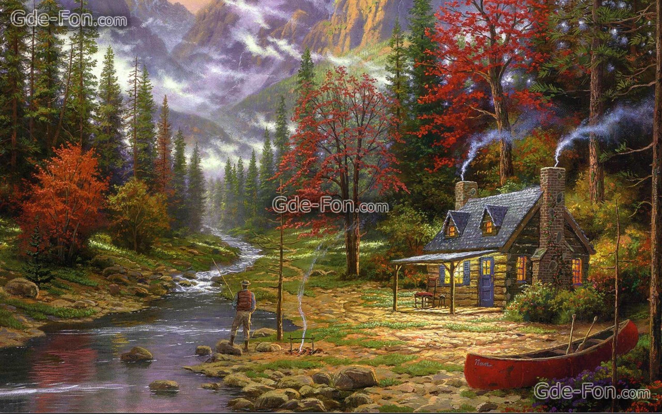 2560x1600 Download wallpaper painting, Thomas Kinkade, Mountains, river free .