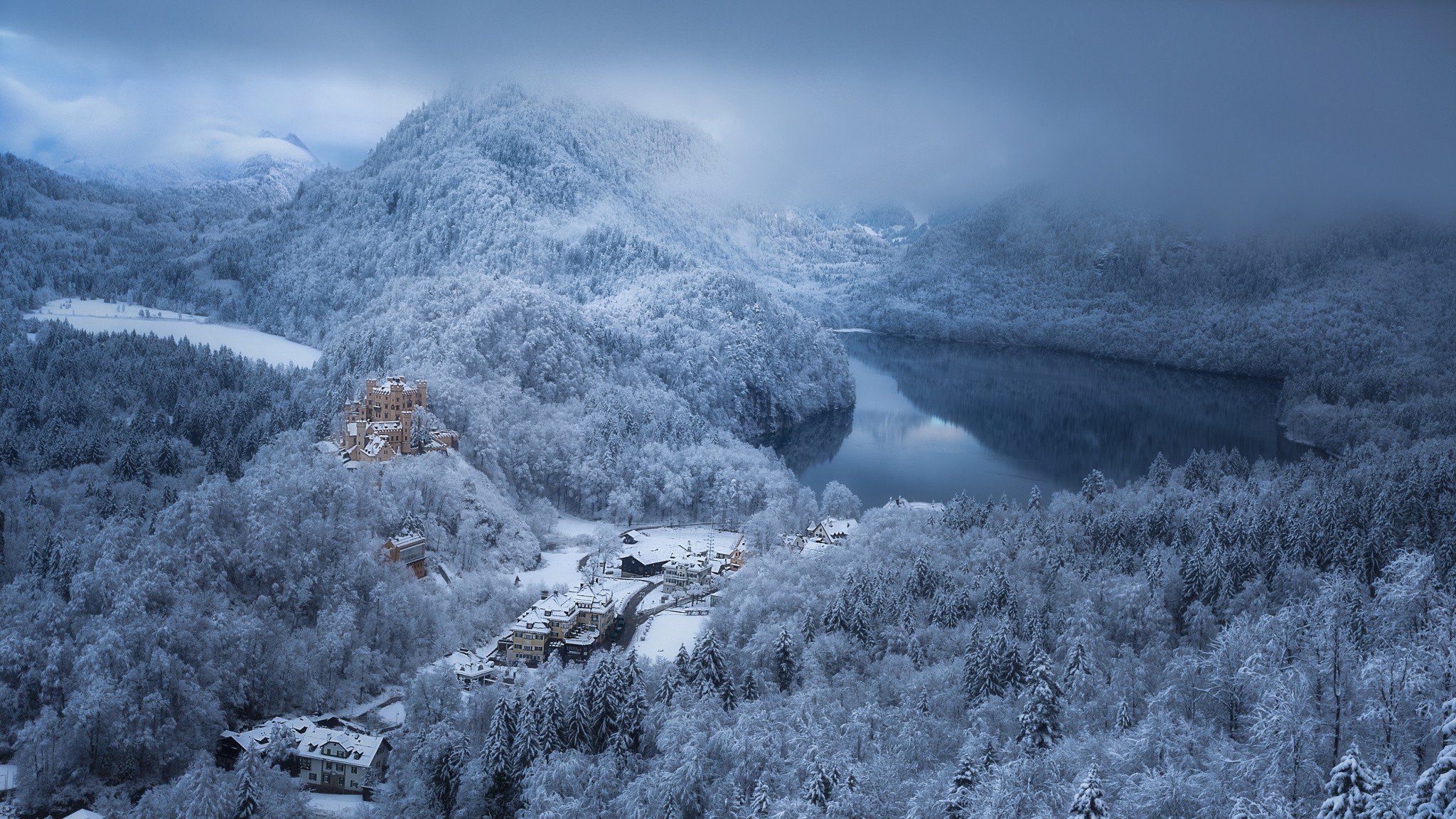 2048x1152 nature, Landscape, Lake, Mountain, Forest, Snow, Winter, Castle, Building,  Village, Architecture, Clouds, Cold, Germany, Morning, Daylight Wallpapers  HD ...