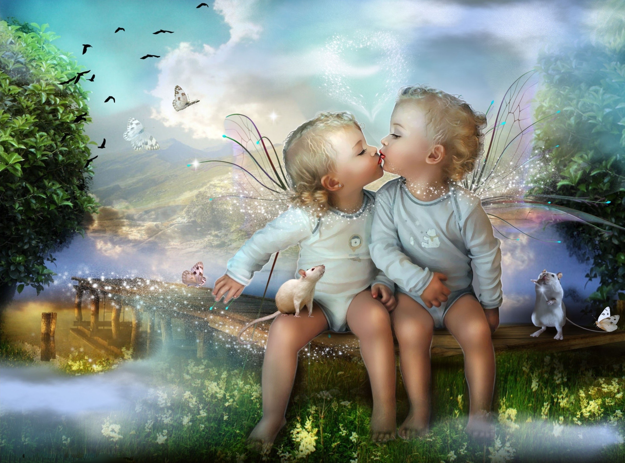 2397x1775 Angelic baby girl and boy kissing