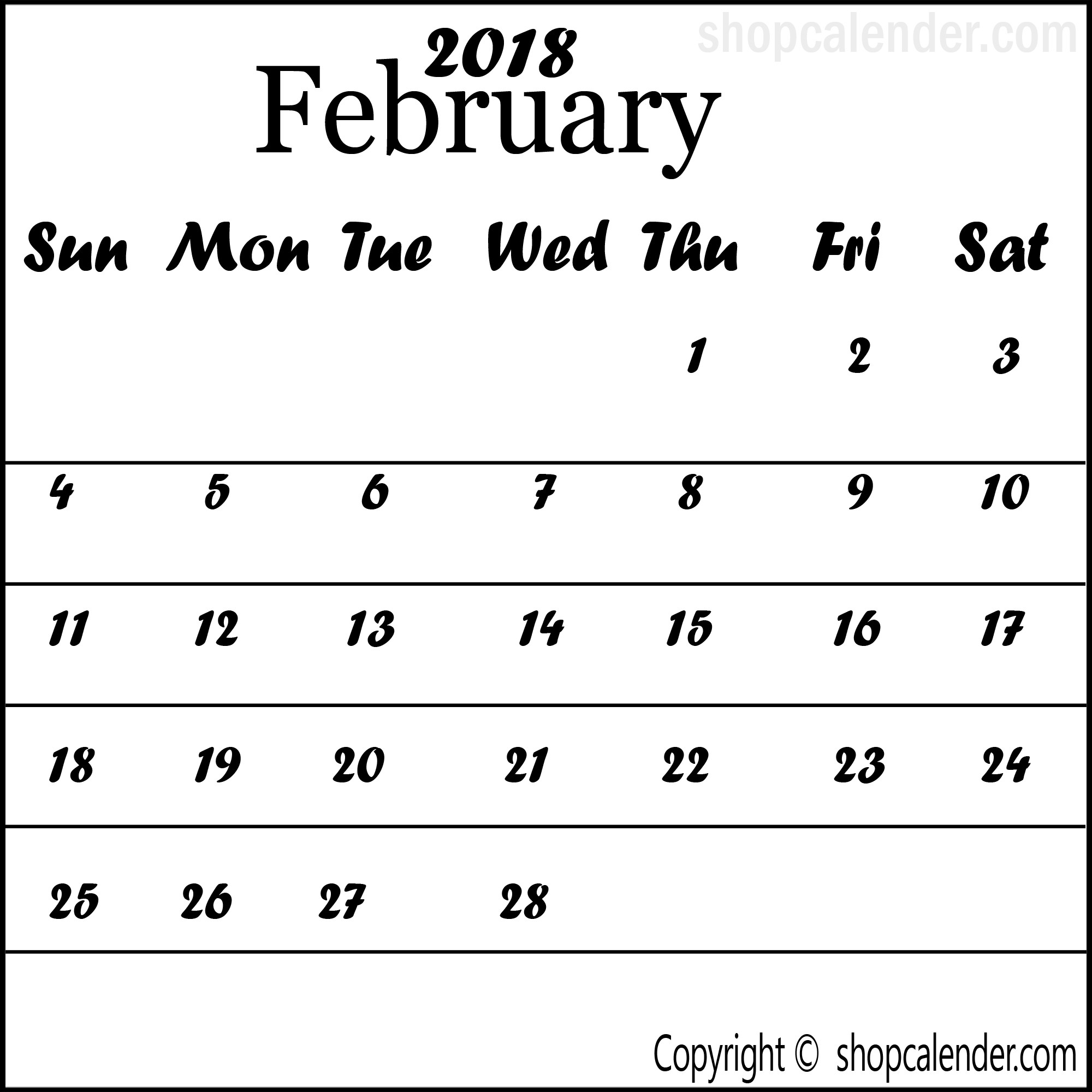 2000x2000 February print Calendar Print February 2018 Calendar 2018 February Calendar  to print ...