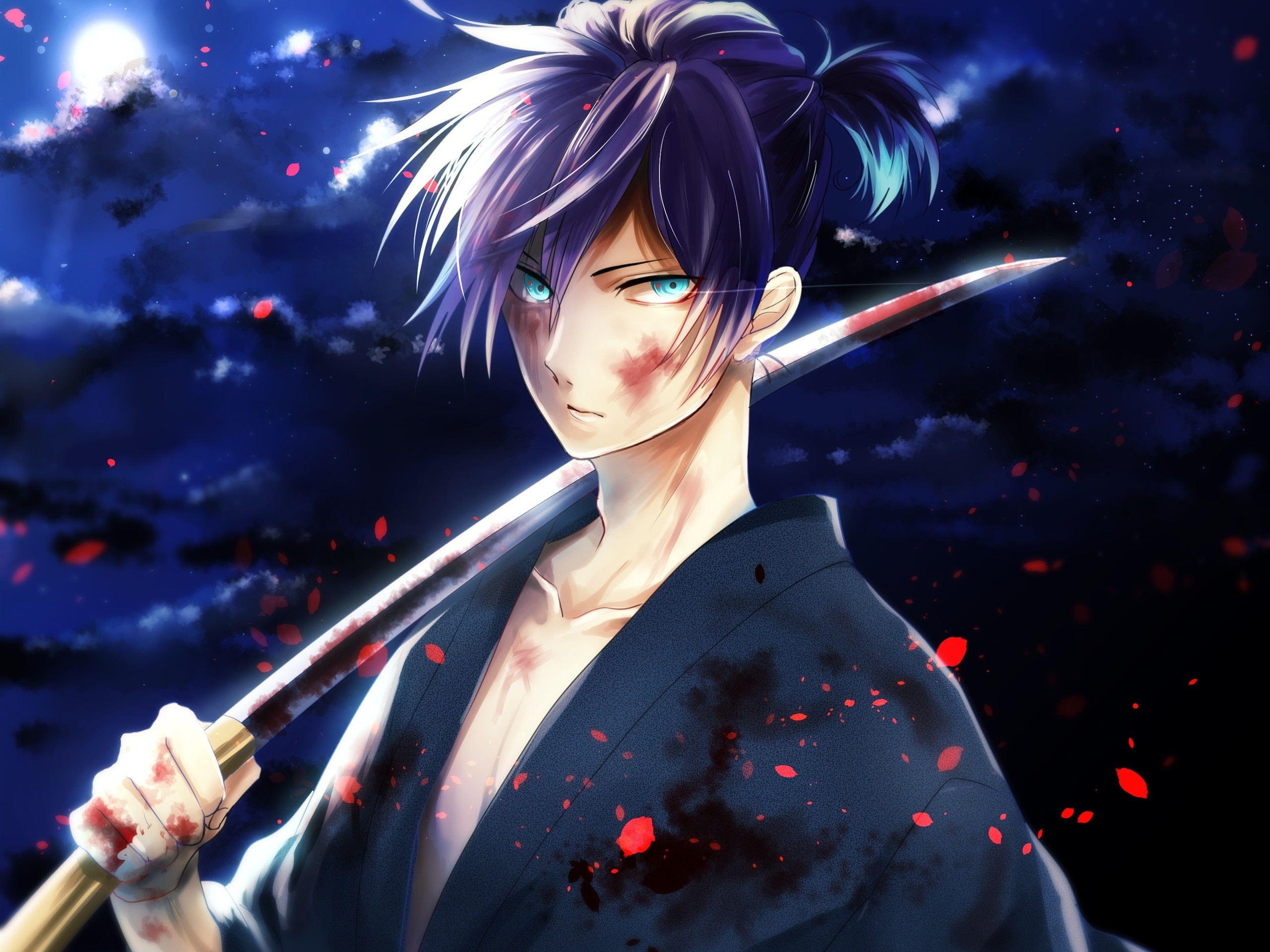 2560x1920 Anime boy, kimono, katana, blood, moon, night Wallpaper Preview