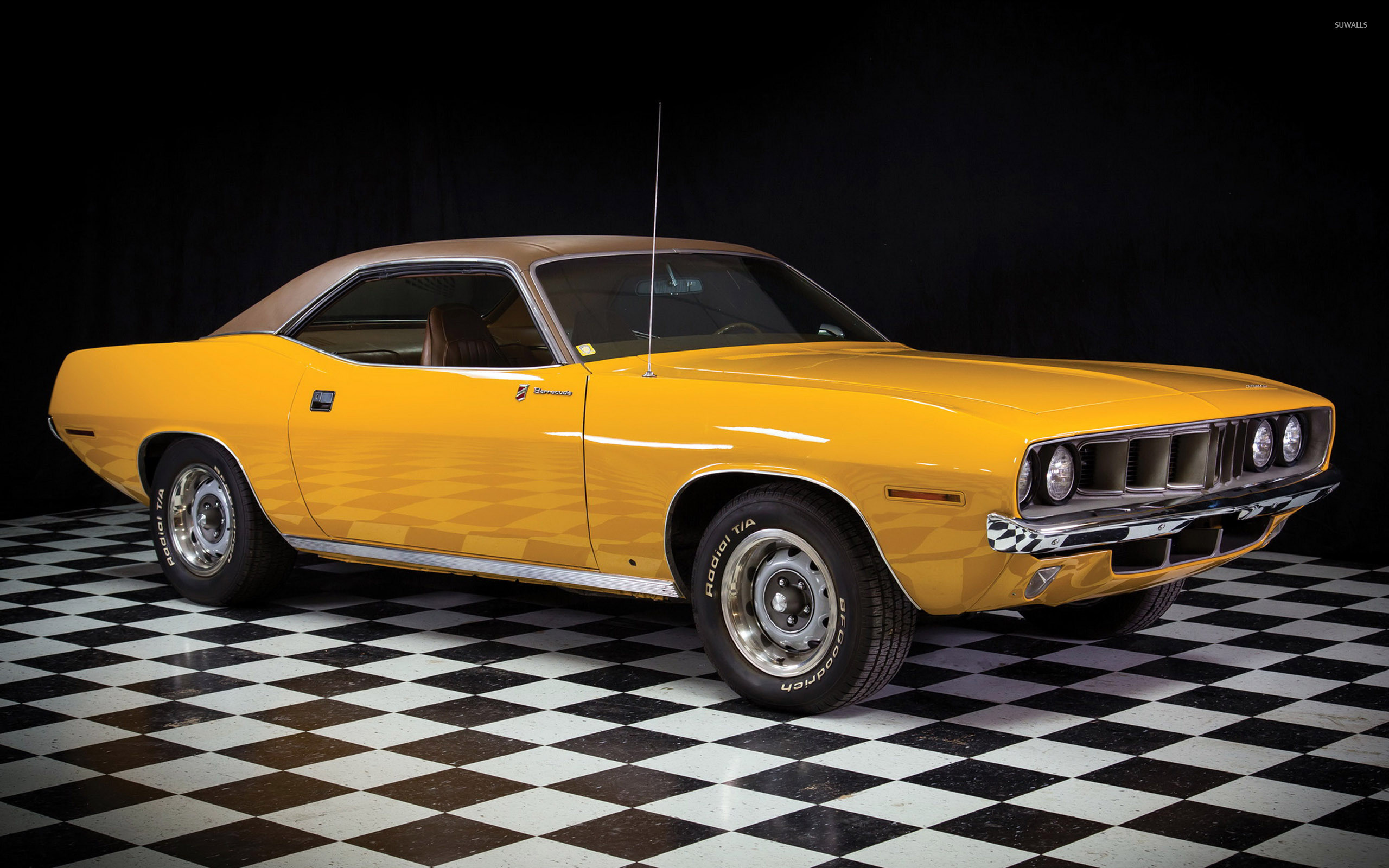 2560x1600 Yellow 1971 Plymouth Barracuda Gran Coupe side view wallpaper
