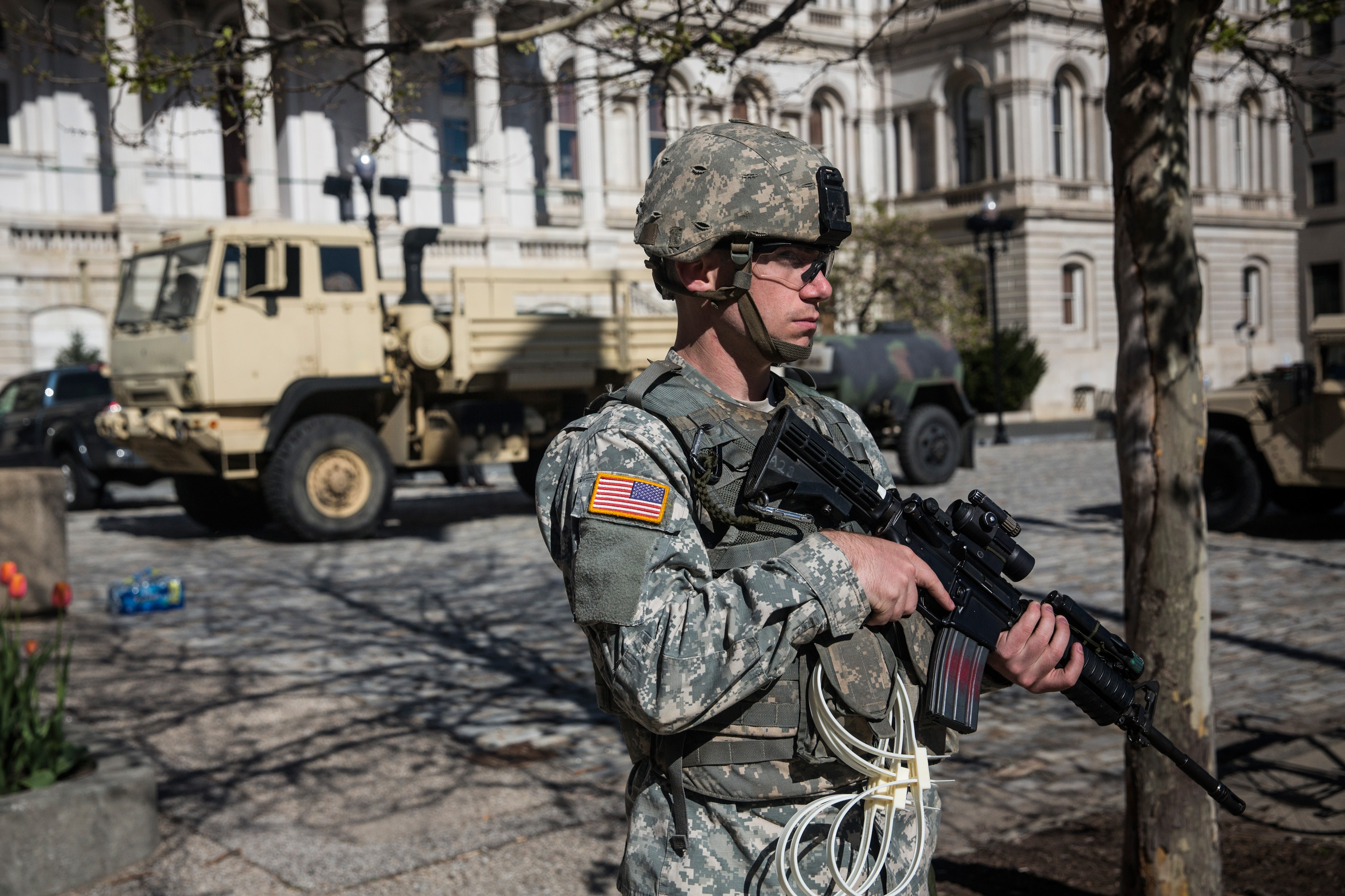 3000x2000 Members of the Maryland National Guard stand guard over the Baltimore city  hall building on April