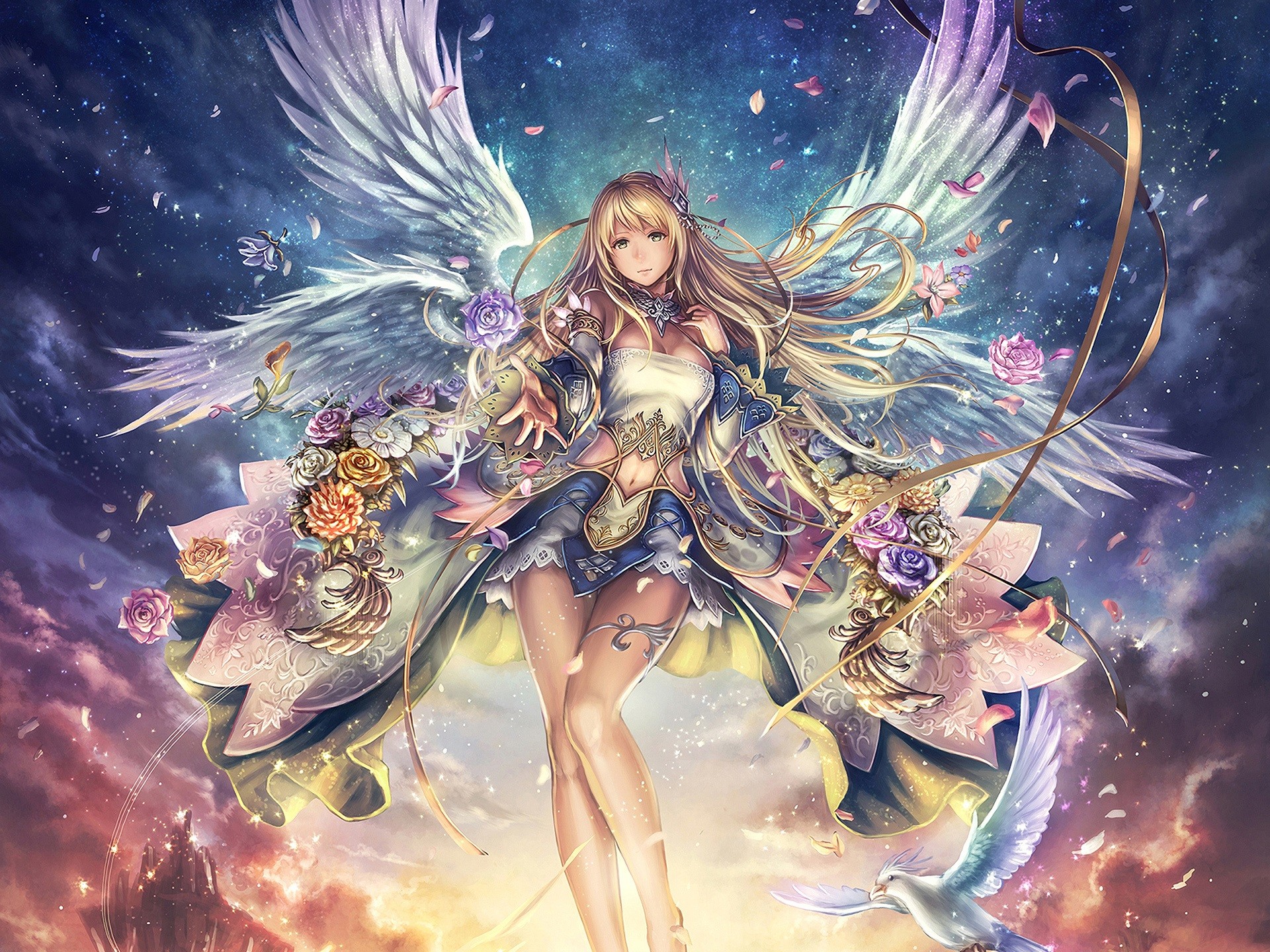 1920x1440 Fantasy girl, angel, flowers, anime Wallpaper Preview