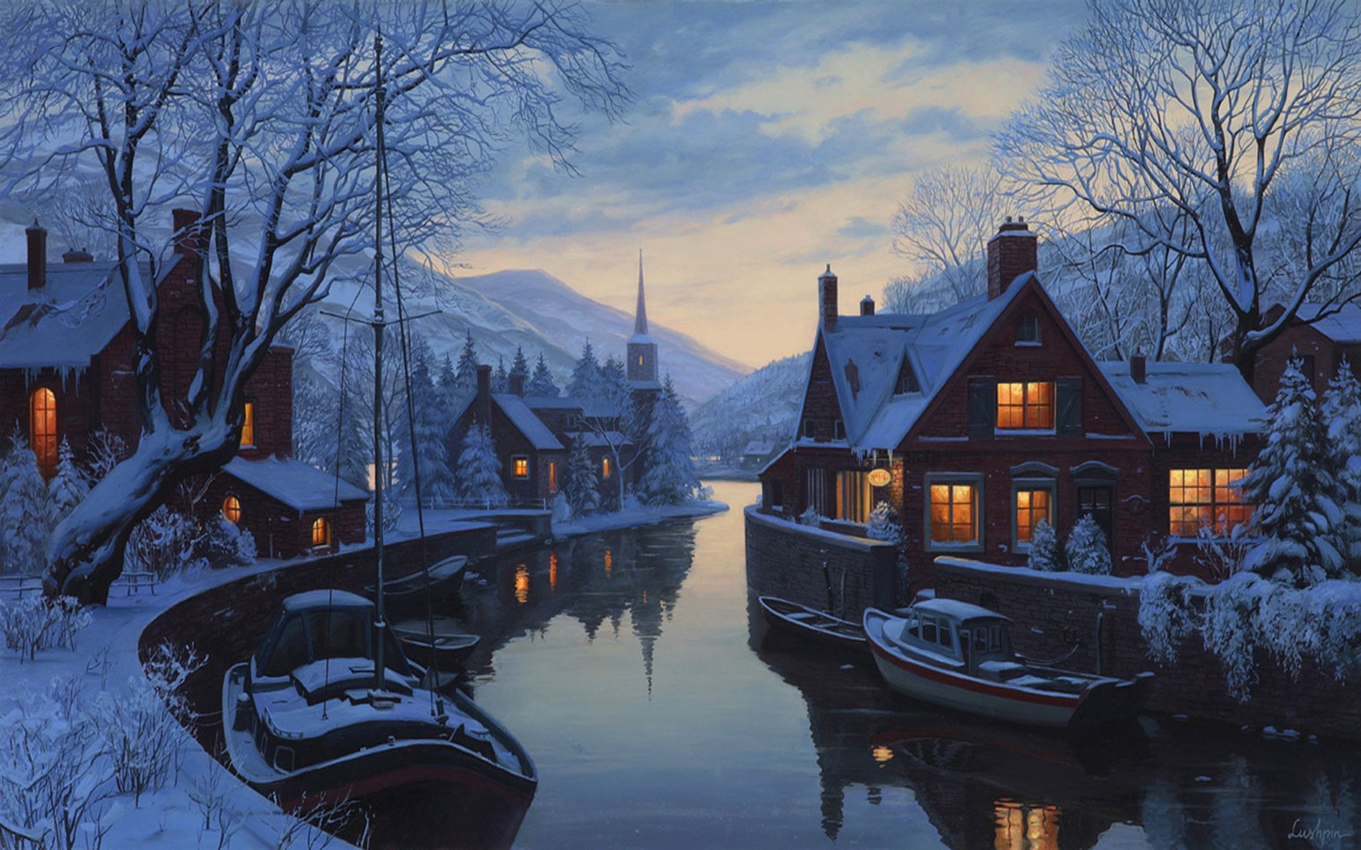 1920x1200 Wallpaper an old inn by the river, eugeny lushpin, painting, lushpin, winter