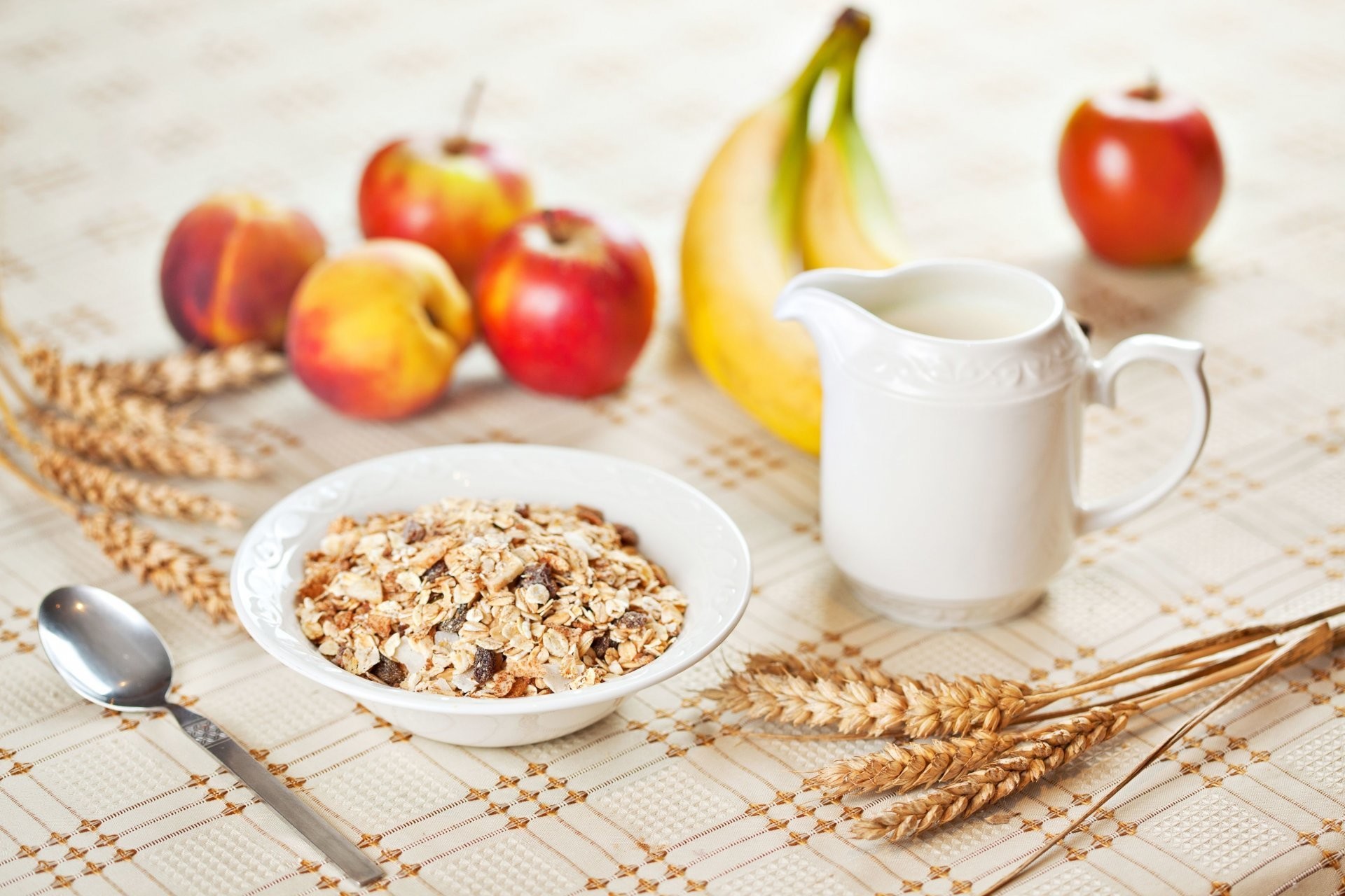 1920x1280 food breakfast cereals fruits apple apples bananas spoon wheat rye plant  table background healthy eating widescreen