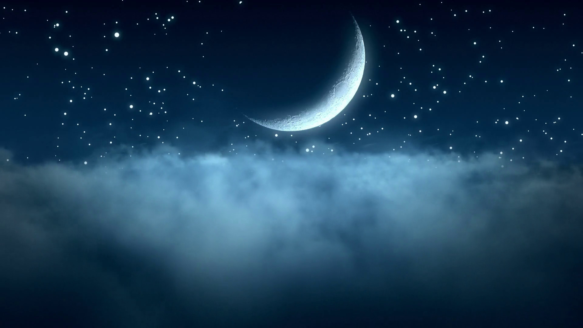 1920x1080 Flying Through Thin Clouds at Night with Beautiful Crescent Moon and in The  Background | Seamless
