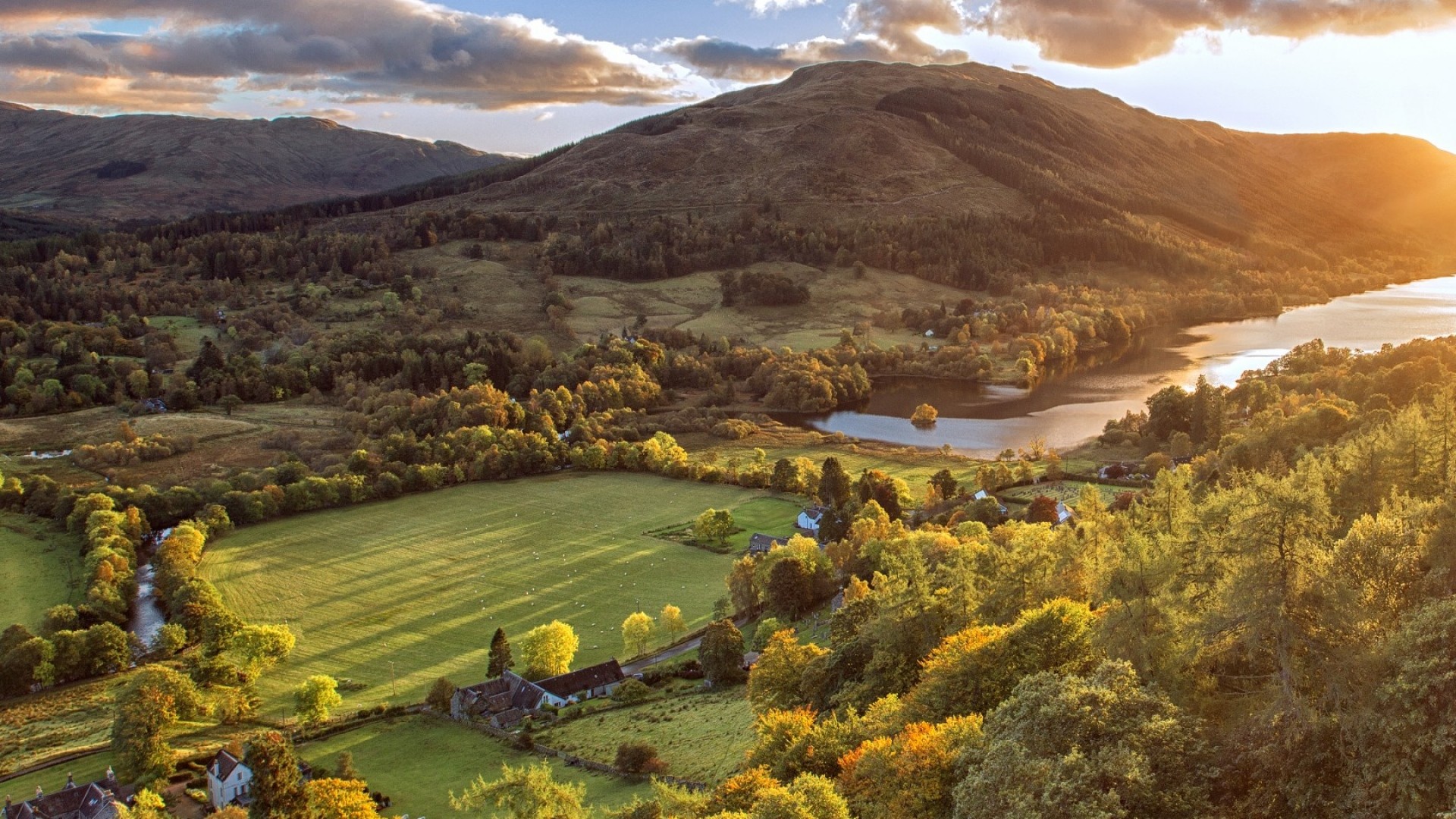 1920x1080 Preview wallpaper scotland, mountains, field, river, trees, view from above  