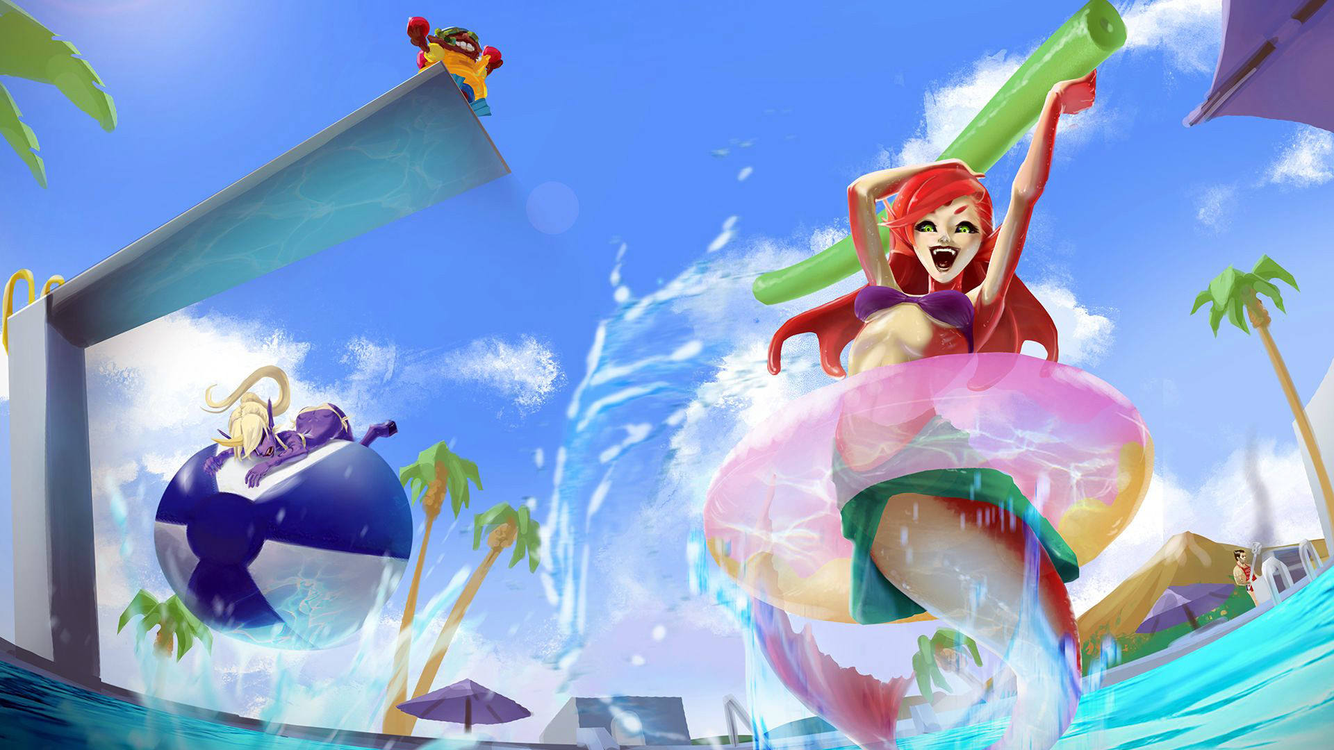 1920x1080 nami pool party skin art league of legends game girl champion 