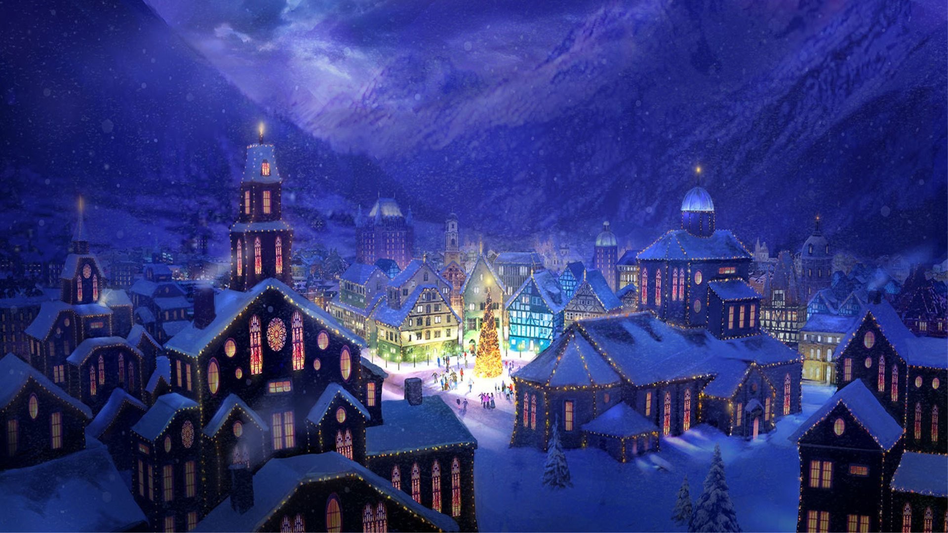1920x1080 picture holiday snow town house mountain lights christmas tree