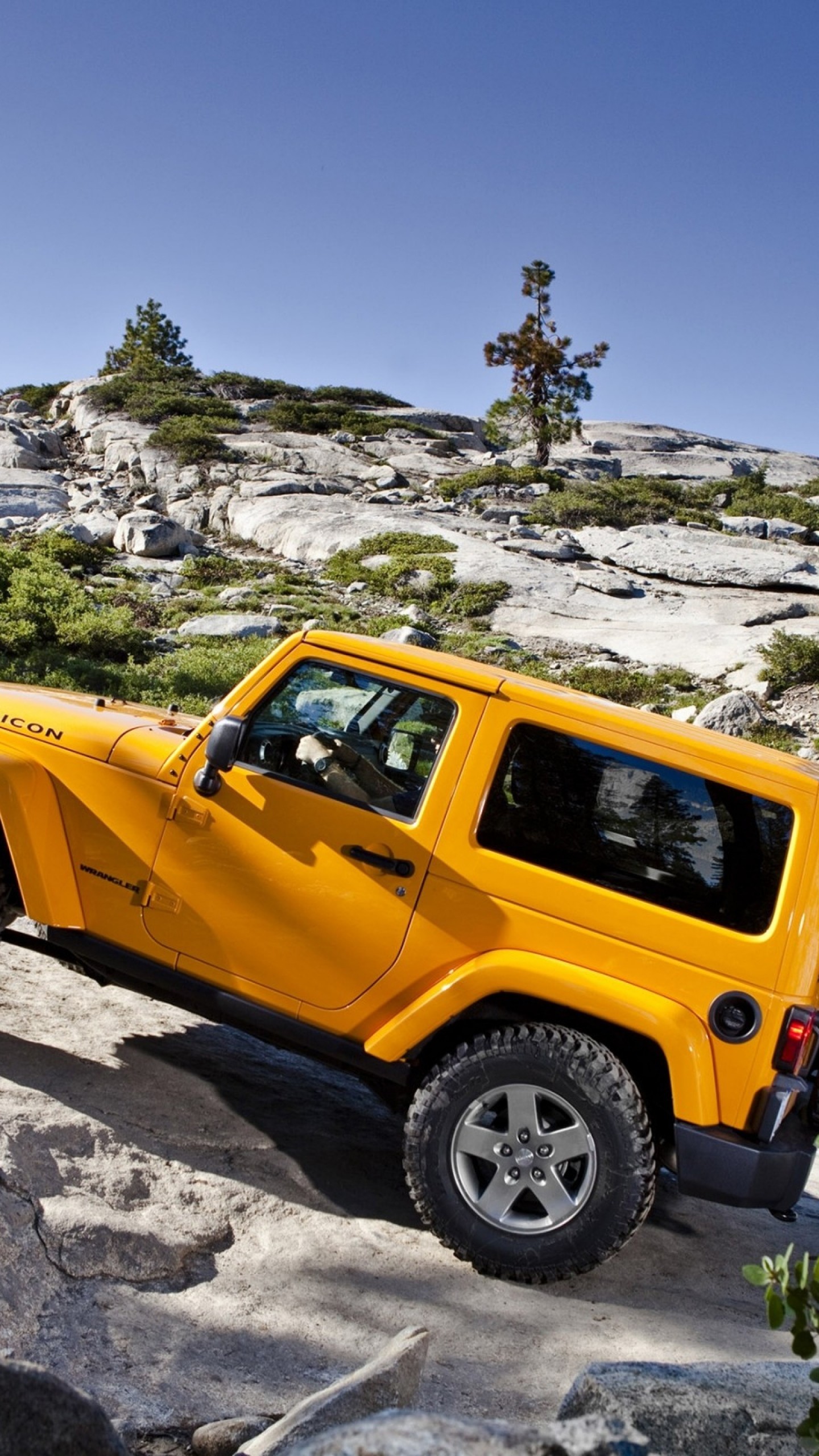 1440x2560 Preview wallpaper jeep, wrangler, yellow, mountains 