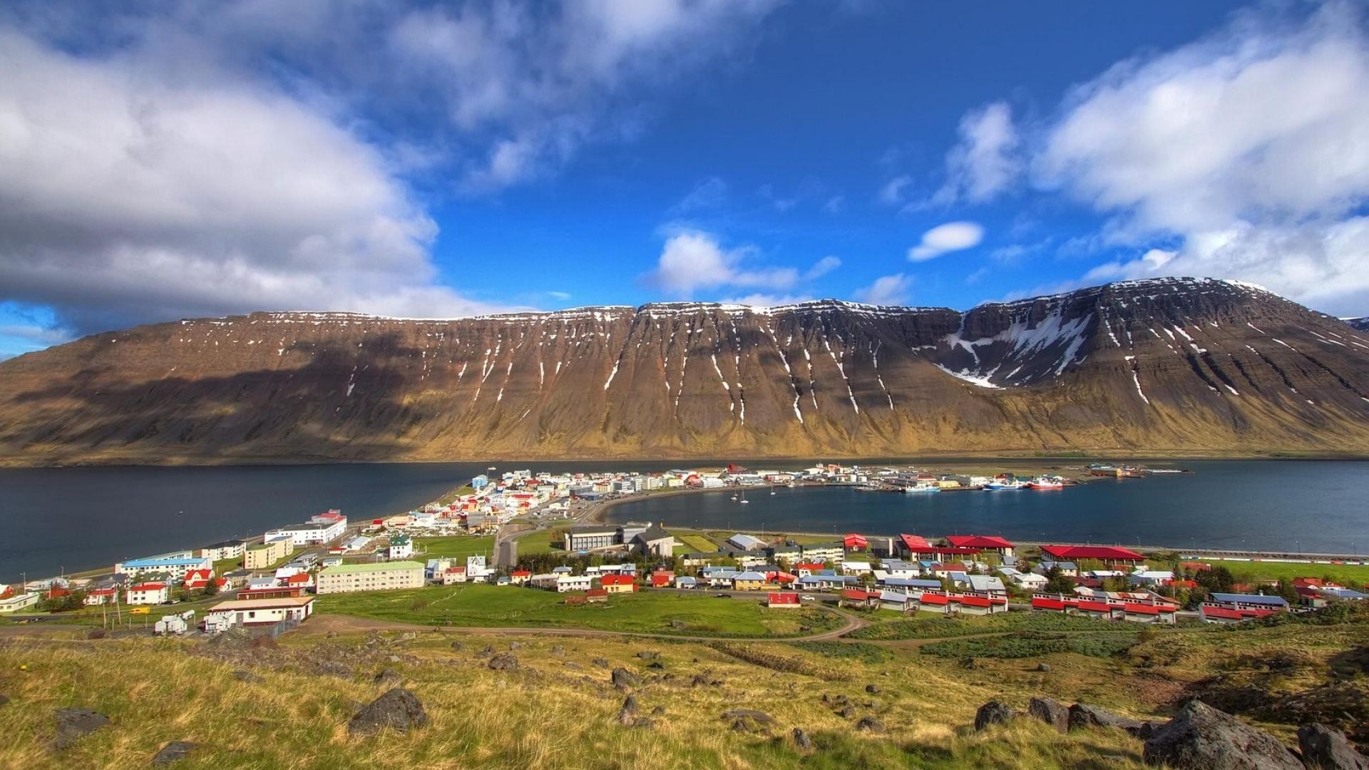 1920x1080 Houses - Colorful Icelandic Town Iceland Cities Fjords Mountains Clouds  Colors Fjord Mountain HD Wallpapers for