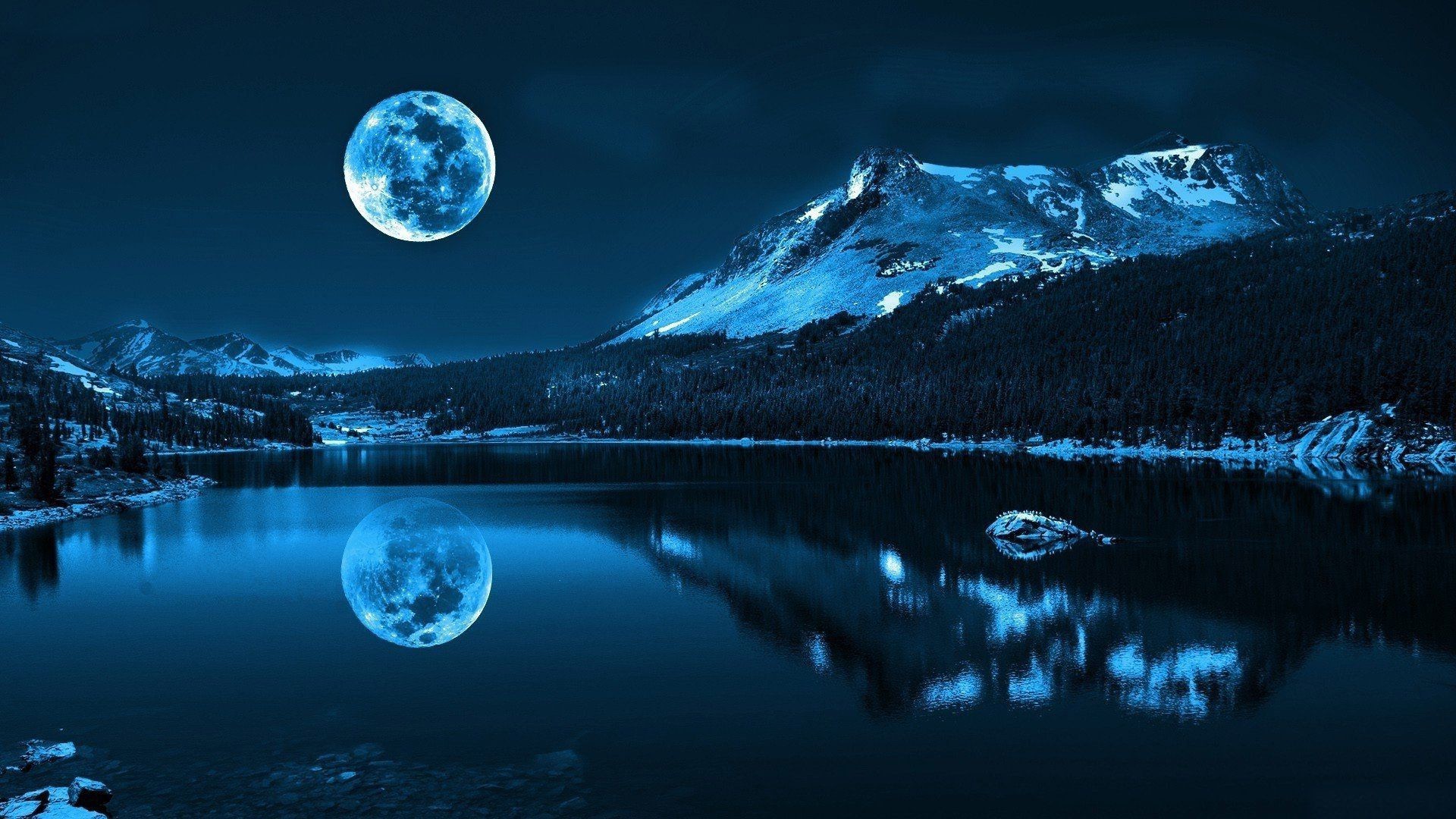 1920x1080 Beautiful Night Moon Mountain and Lake Shadow HD Wallpaper
