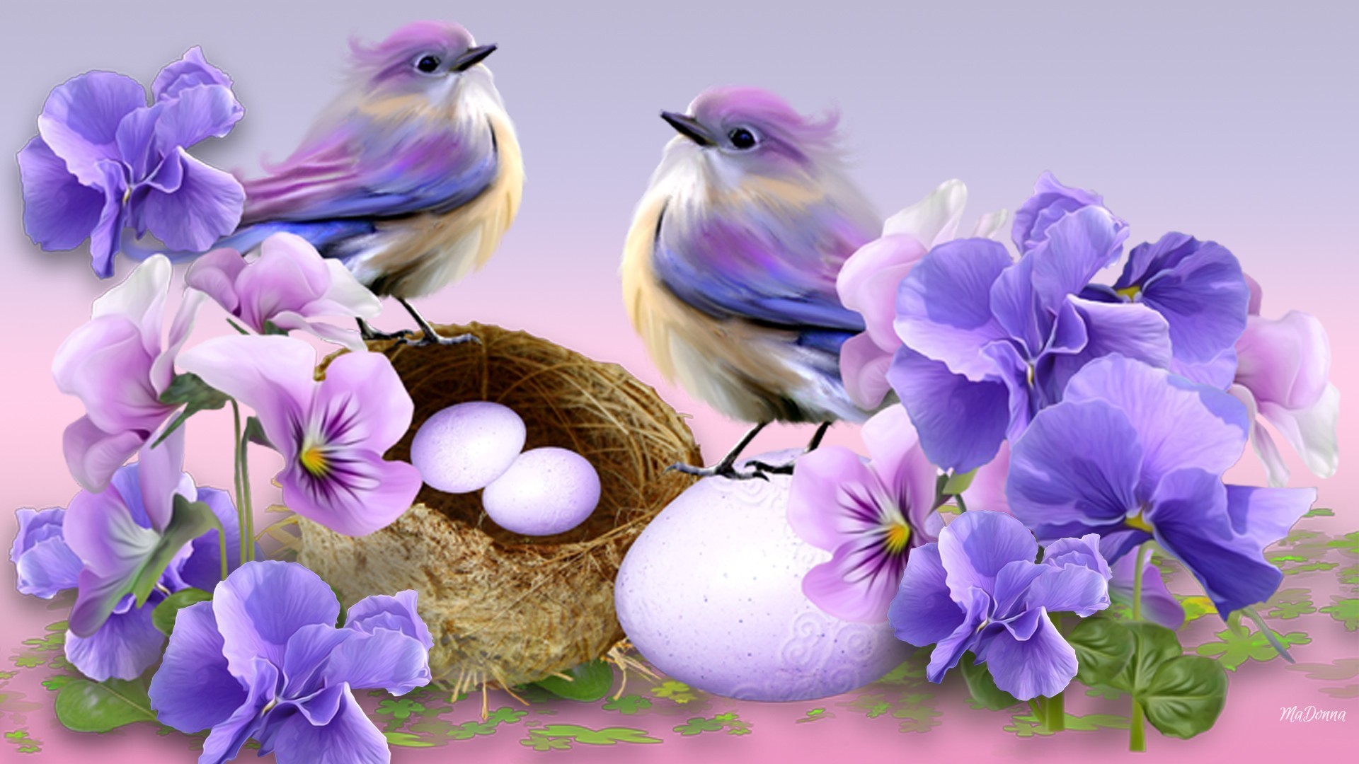 1920x1080 Sensation Tag - Spring Sensation Pansies Birds Lavender Easter Eggs Purple  Soft Basket Special Flowers Wallpapers