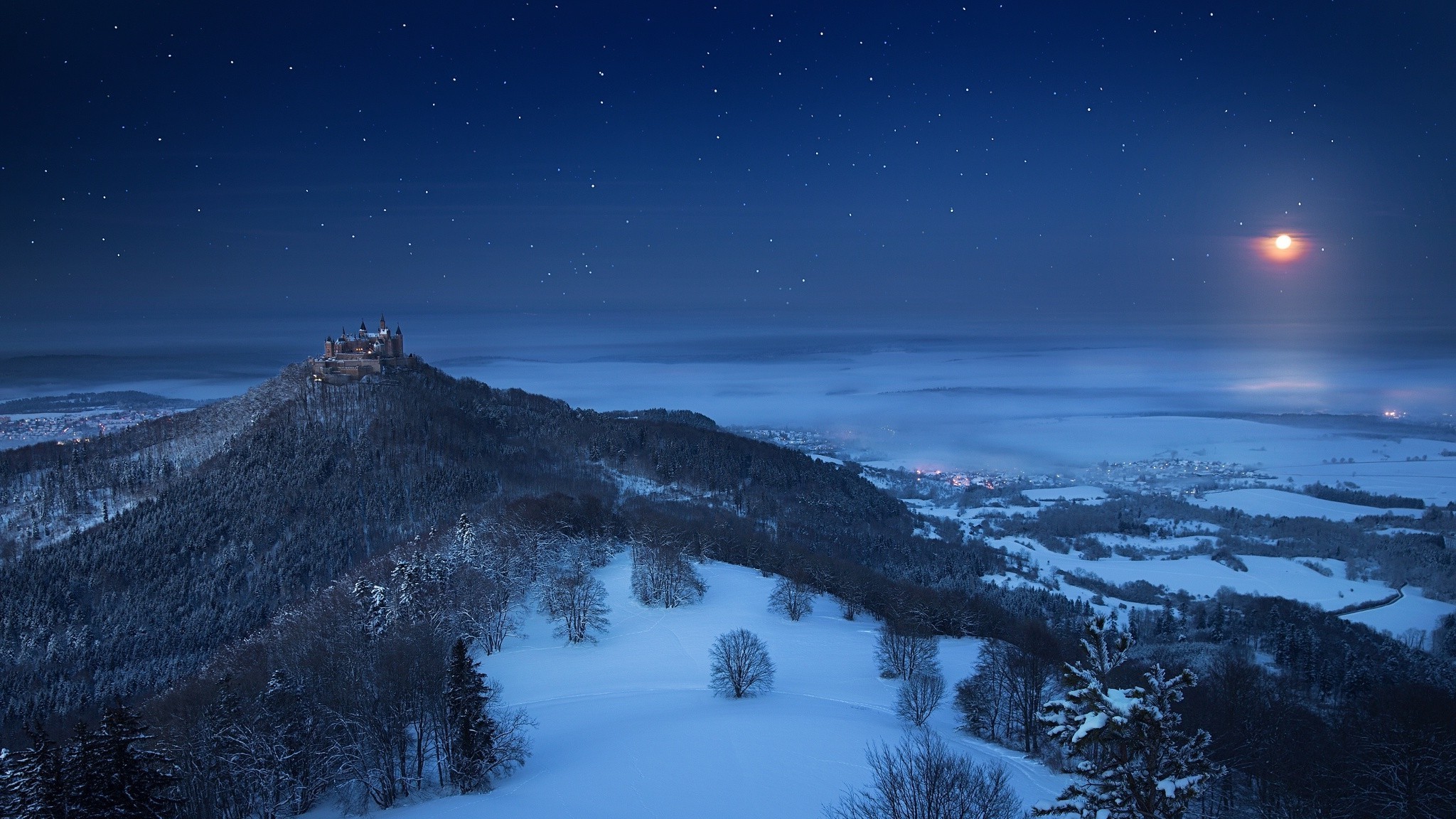 2048x1152 landscape, Nature, Winter, Castle, Snow, Forest, Moon, Starry Night,  Moonlight, Valley, Germany Wallpapers HD / Desktop and Mobile Backgrounds