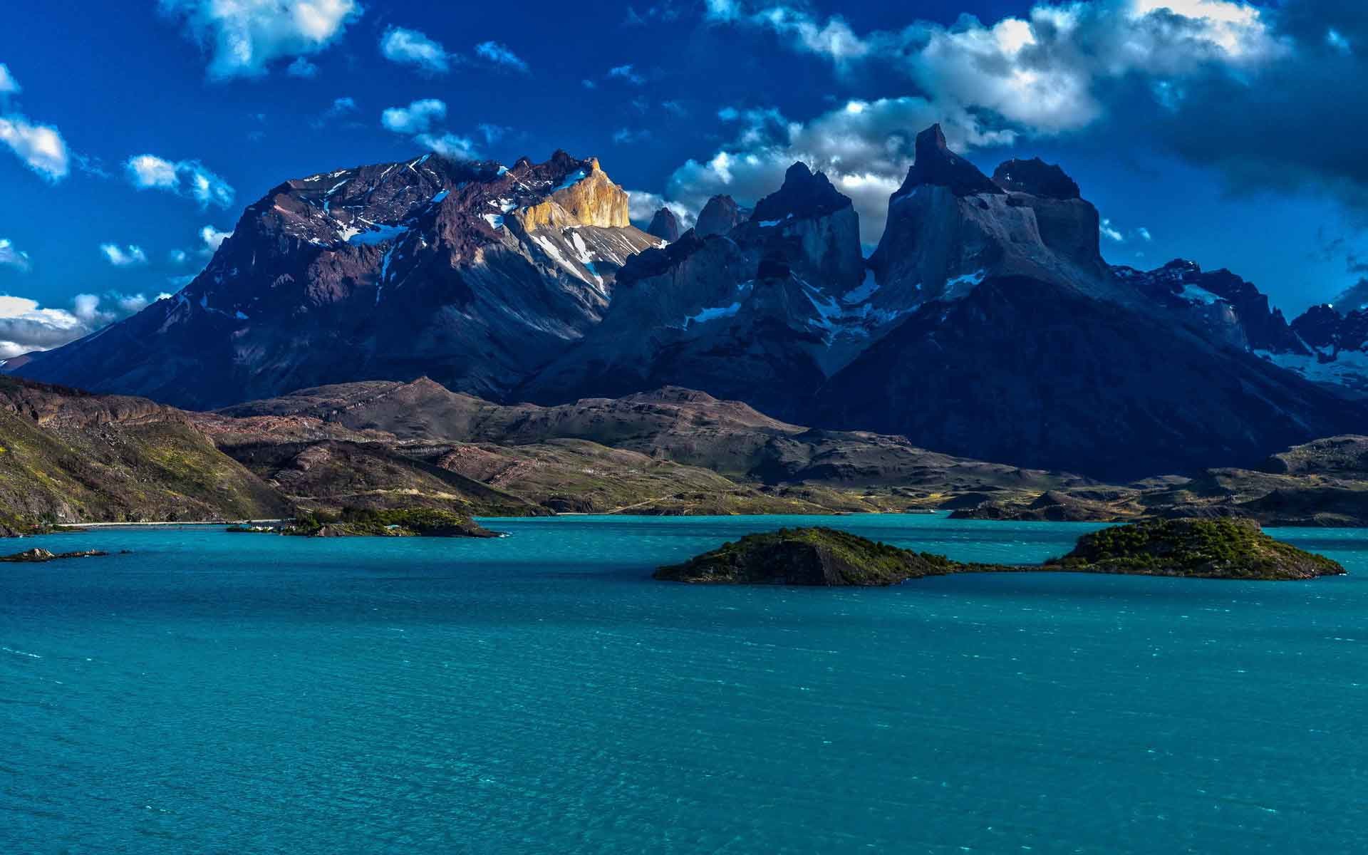 1920x1200 Lakes Water Patagonia Islands Sky Nature Mountains Chile Clouds Snow  Wallpapers Beauty Desktop