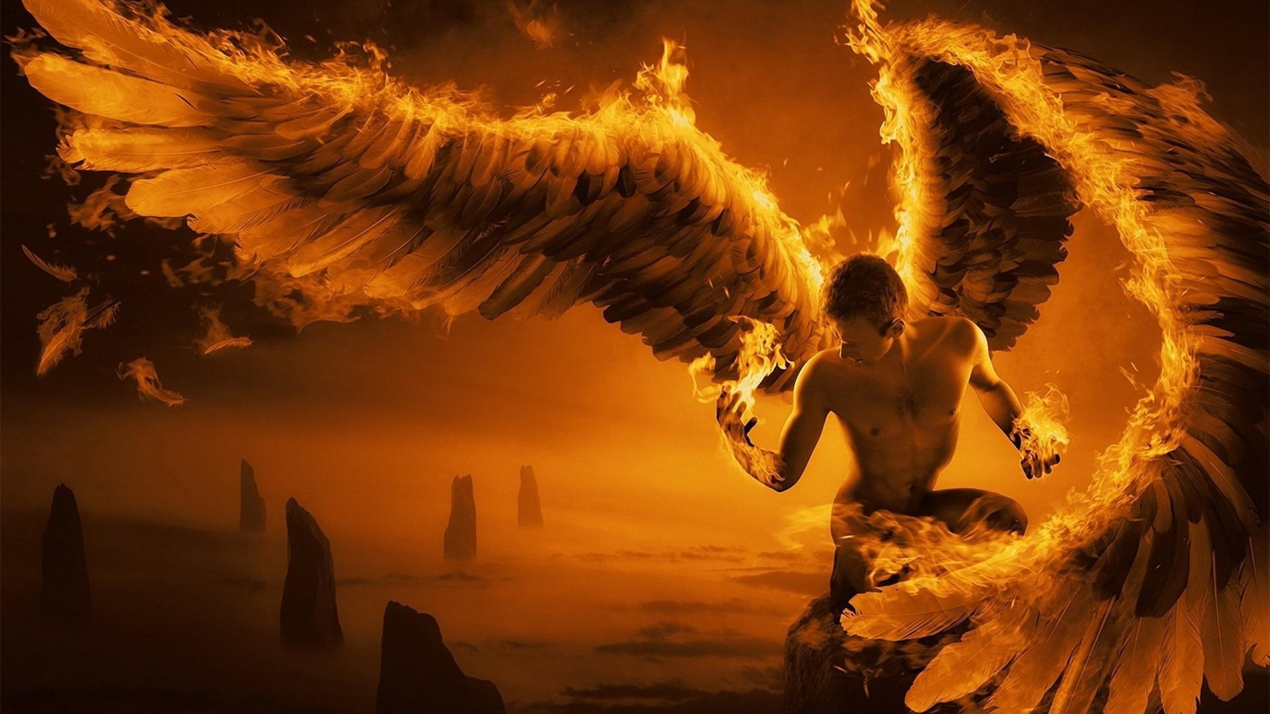 2560x1440 Preview wallpaper angel, wings, fire, fog, rocks 