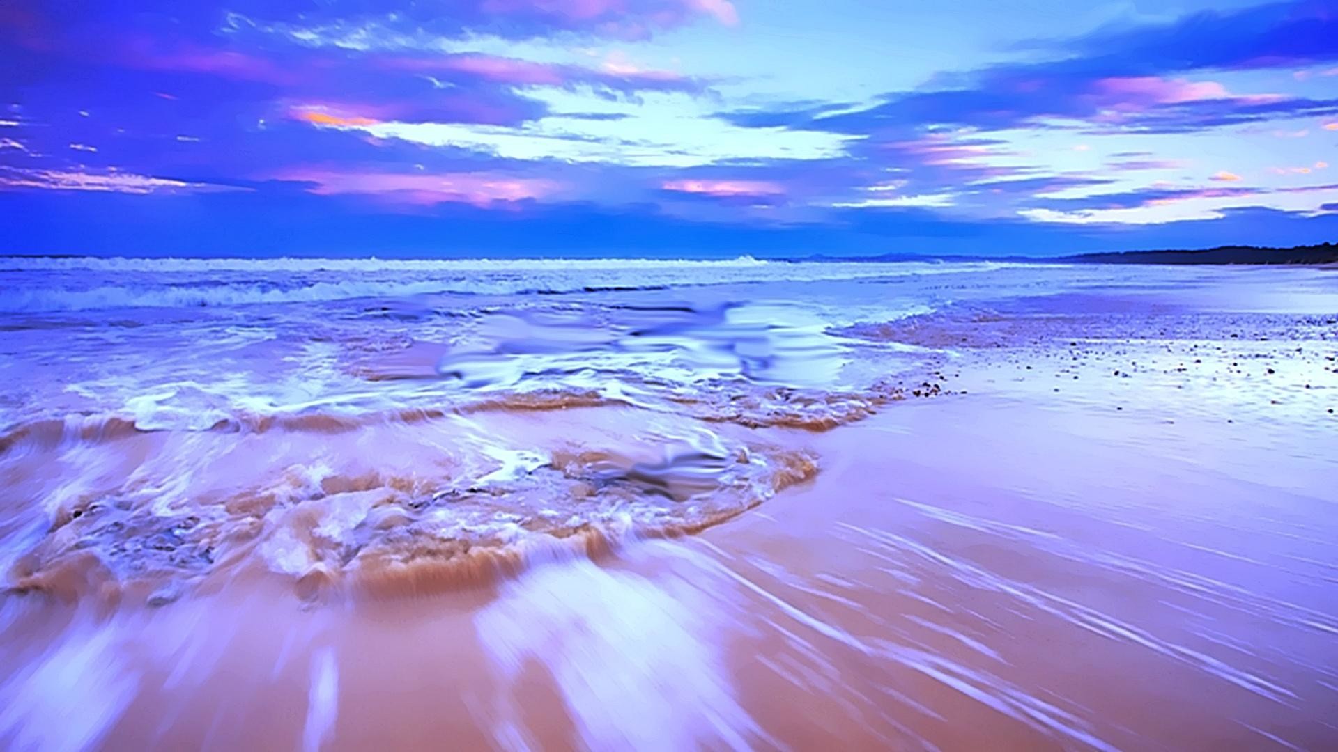 1920x1080 Beach Sunset in Pink and Blue