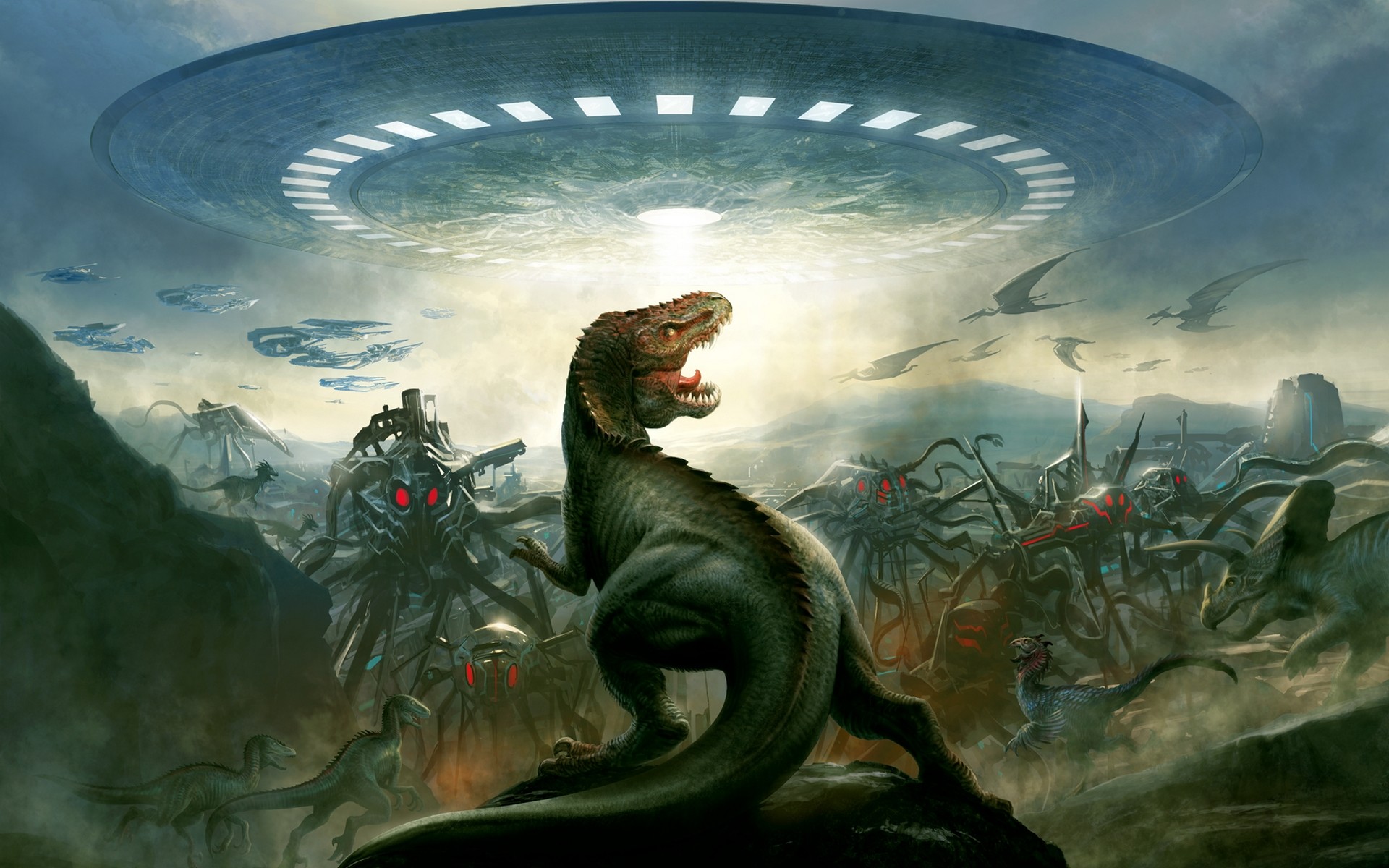 1920x1200 General  dinosaurs science fiction aliens UFO fantasy art red eyes  artwork