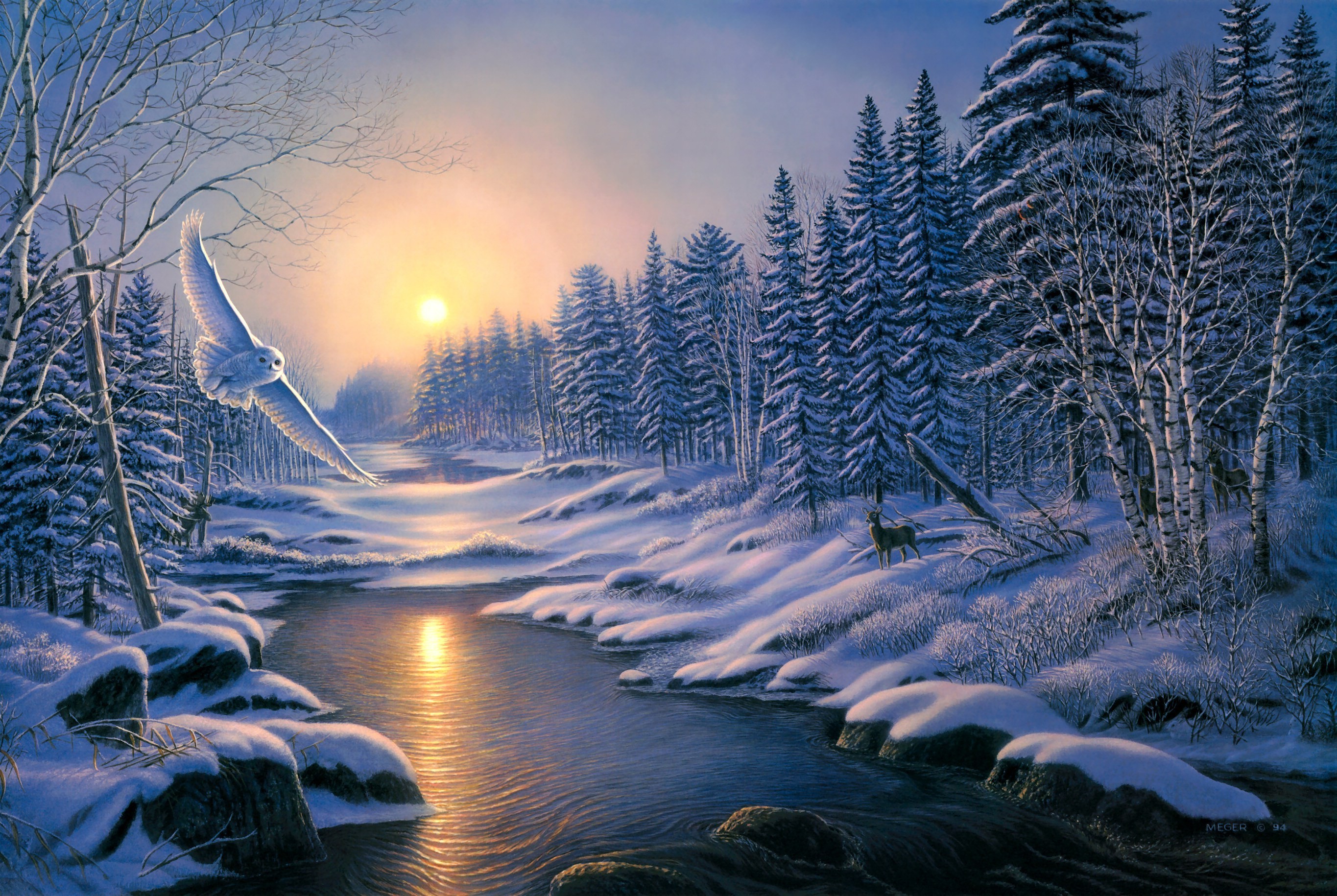2730x1830 painting solstice sunset winter snow nature forest spruce birch river owl  deer wallpaper