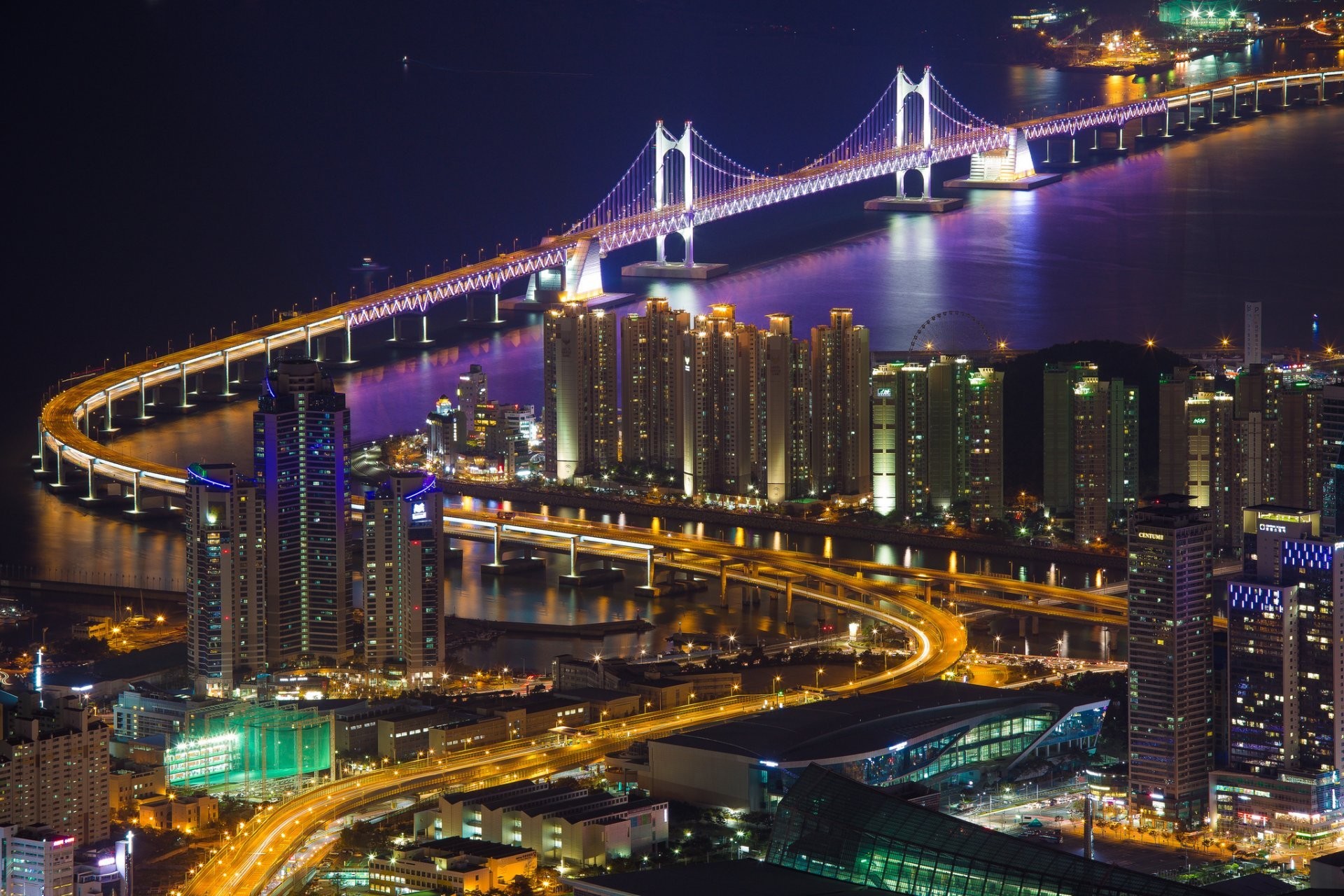 1920x1280 south korea town busan house buildings bridge kvanan strait lighting lights  light night panorama views