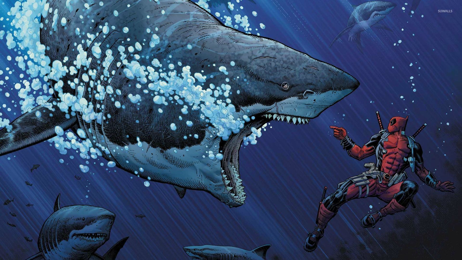1920x1080 Deadpool and great white sharks wallpaper