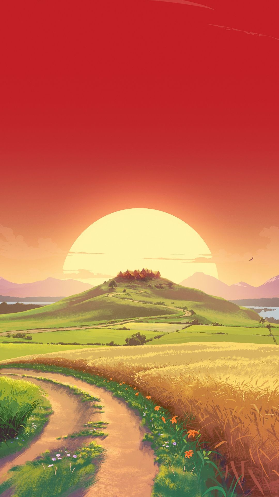1080x1920 Fantasy, dream, Landscape, pathway, hill and sun, sunset, art wallpaper