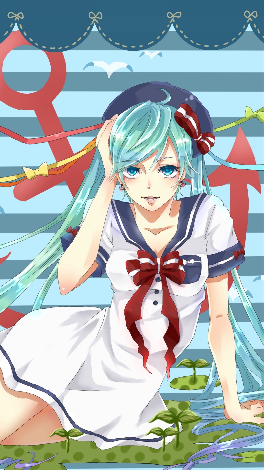 1080x1920  Wallpaper girl, theme, sea, anchor, ship