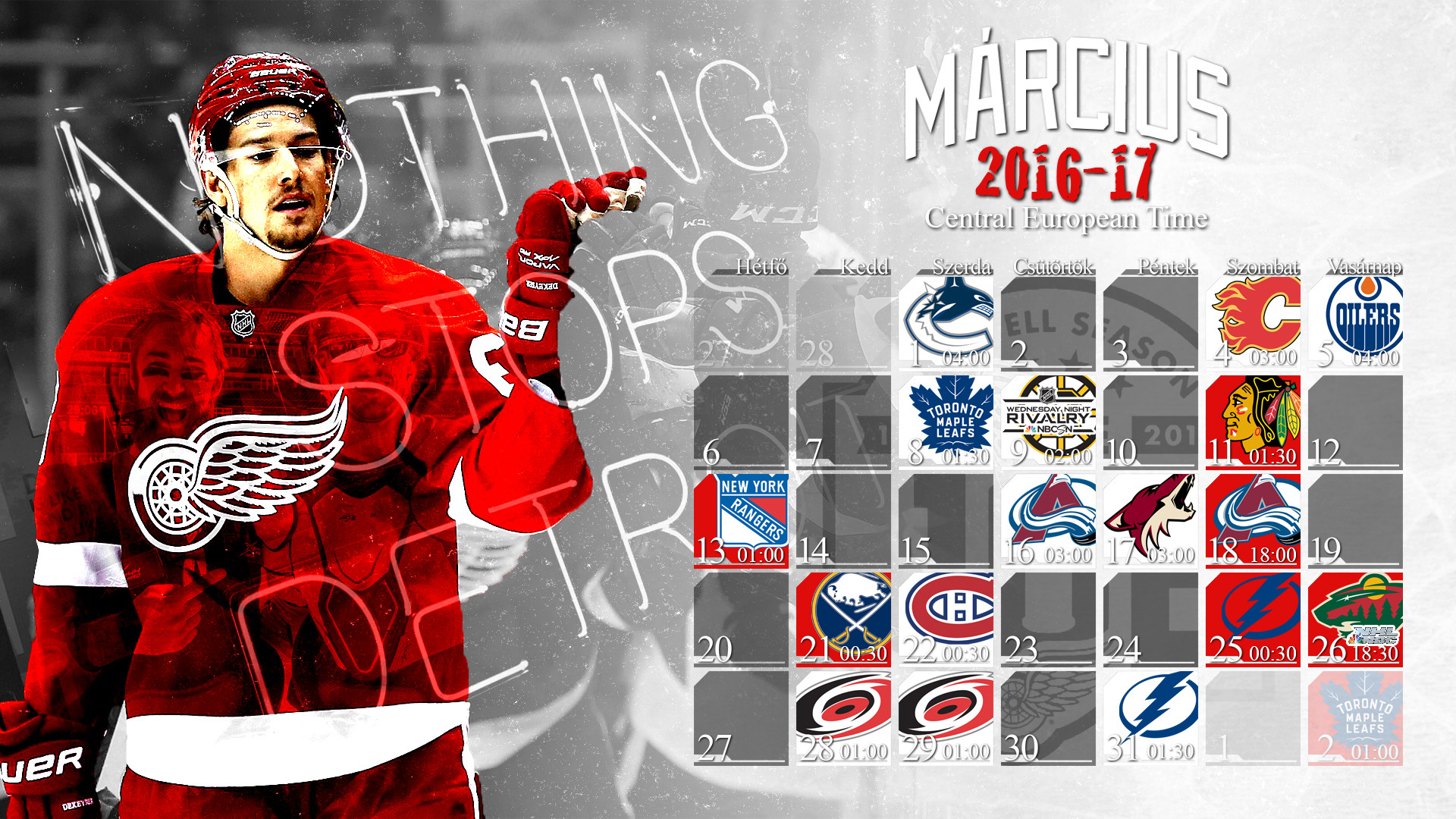 1920x1080 Schedule Wallpaper for the Detroit Red Wings Regular Season 2016. Game  times are CET,